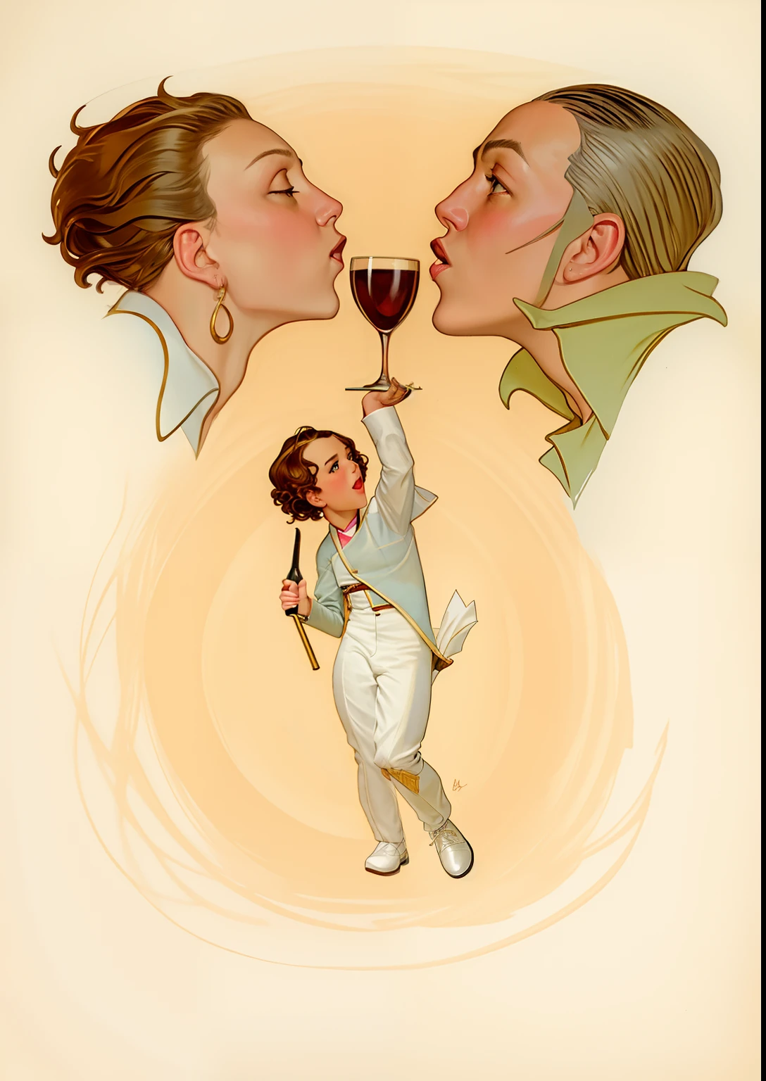 There is a painting of a man and a woman kissing and drinking wine, Inspirado por Joseph Christian Leyendecker, Estilo Leyendecker, Leyendecker, Joseph Leyendecker, inspirado em J. C. Leyendecker, inspirado em J.C. Leyendecker, j. C Leyendecker, j.C Leyendecker, JC Leyendecker