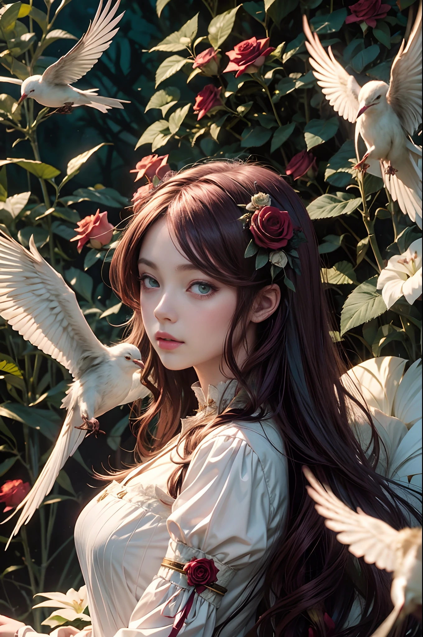 Anime girl as a Botticelli model, dark green eyes, burgundy roses, white lillies, birds of clothing