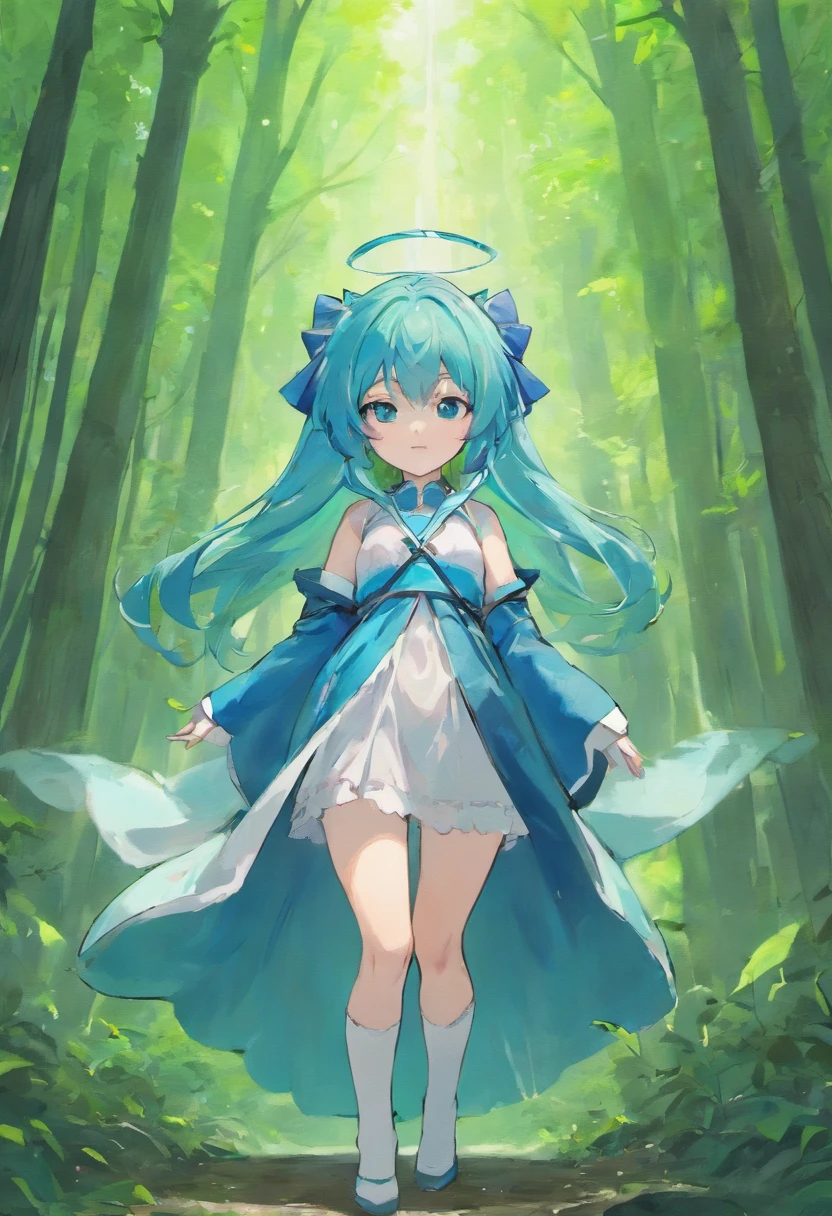 1girl, solo, looking at viewer, Blue long hair, wearing blue mage robe, wearing white stockings, big ass, blue eyes, full body, forest background, normal tits, pink lips, anime, best quality,diokonigsreuter