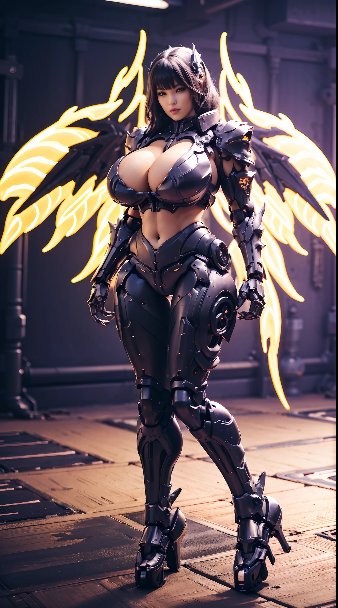HUGE FAKE BOOBS, (BEAUTIFUL FACE, (black:1.2, WHITE:0.8, RGB:1), (CROP TOP MECHA ARMORED GEAR), (((A PAIR OF HUGE MECHANICAL WINGS SPREAD OUT))), FUTURISTIC DRAGON MECHA SUIT, (CLEAVAGE), (SKINTIGHT YOGA PANTS), (PERFECT BODY:1.2), (FULL BODY VIEW), FRONT, (STANDING:1), (MECHANICAL HIGH HEELS), MUSCLE ABS, UHD, 8K, 1080P.