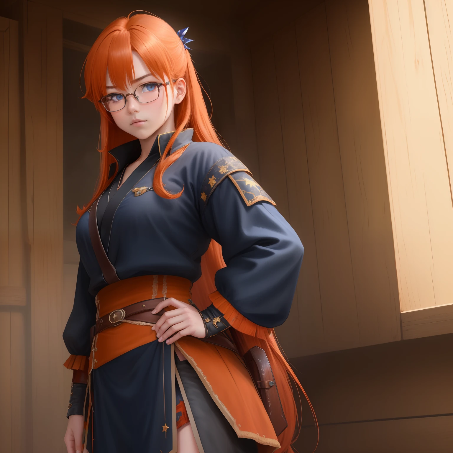 8k, masterpiece, best quality, realistic, higly detailed, cowboy shot, 1girl, solo, itsuki, serious looking girl, medium-length hair, expressive ahoge, reddish-orange hair, a pair of star-shaped hairpins near both of her eyes, dark blue eyes, average height, well-endowed figure, glasses, cute, ninja