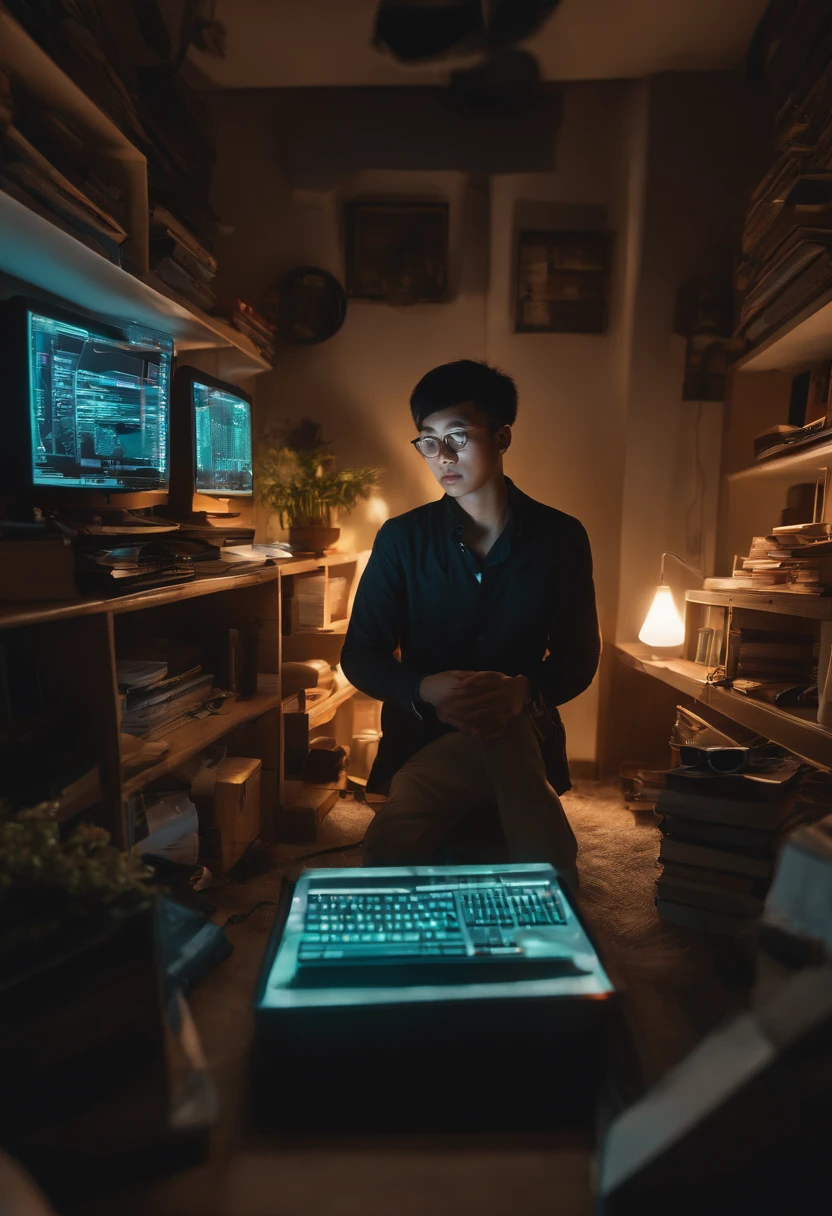 Young Chinese entrepreneur Li Wei, with a determined look on his face, coding late into the night in his small apartment, surrounded by glowing computer screens and stacks of books. Anaglyph, Estereograma, Tachi-E, Pov, atmosphric perspective, 8k, super detalhe, ccurate, melhor qualidade