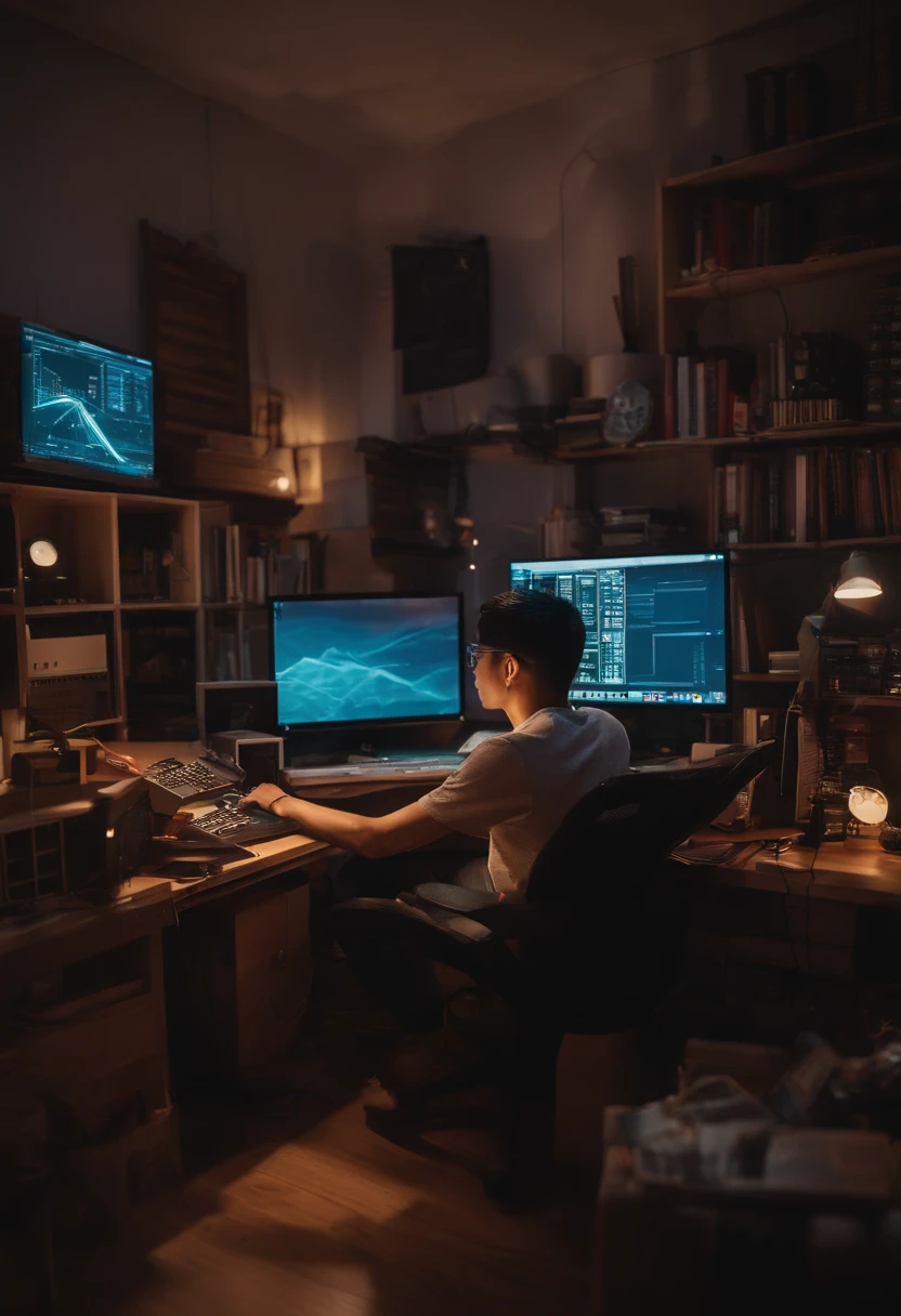 Young Chinese entrepreneur Li Wei, with a determined look on his face, coding late into the night in his small apartment, surrounded by glowing computer screens and stacks of books. Anaglyph, Estereograma, Tachi-E, Pov, atmosphric perspective, 8k, super detalhe, ccurate, melhor qualidade