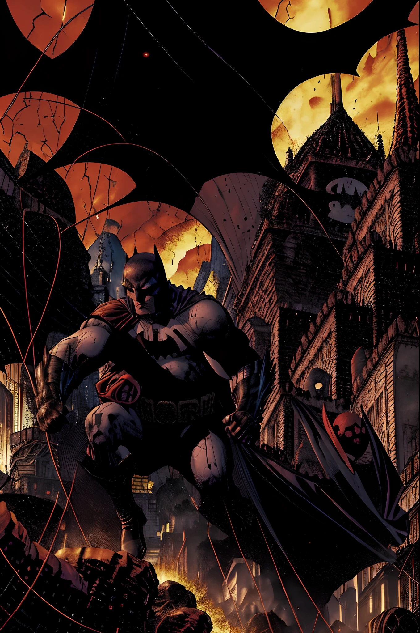 Hitler levanta dos mortos e destroi Gotham city com bombas e raios, only one Batman punches hitler and starts the fight... sangue nas ruas e paredes, fig coming out of the ground ds Gotham, lots of volcano lava coming out of the ground