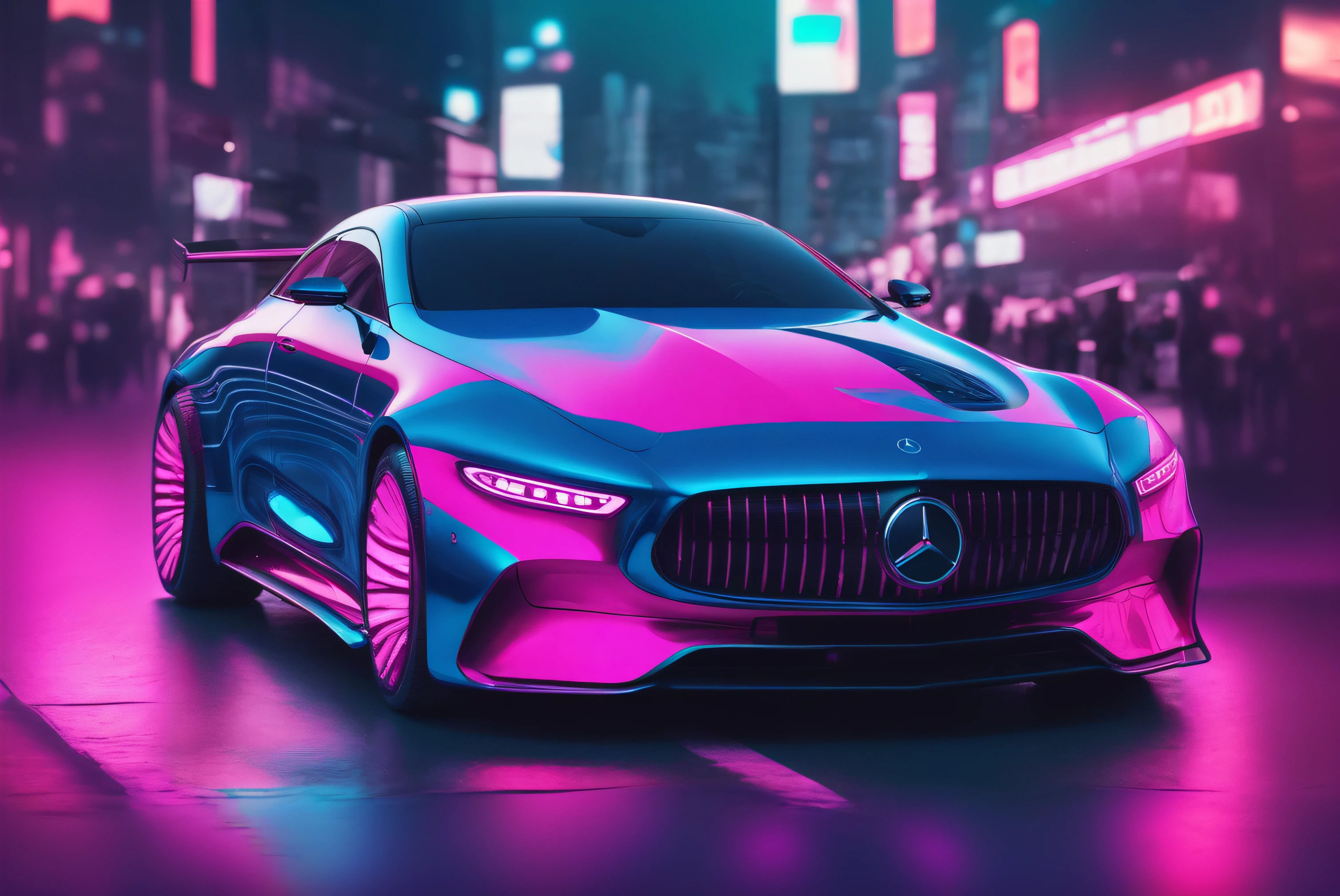 a close up of a pink and blue car on a city street, car with holographic paint, futuristic neon, neon cyberpunk vibrant colors, neon cyberpunk colors, cyberpunk vibrant colors, in style of beeple, cyberpunk futuristic neon, artem demura beeple, synthwave neon retrofuturism, beeple style, inspired by Mike Winkelmann