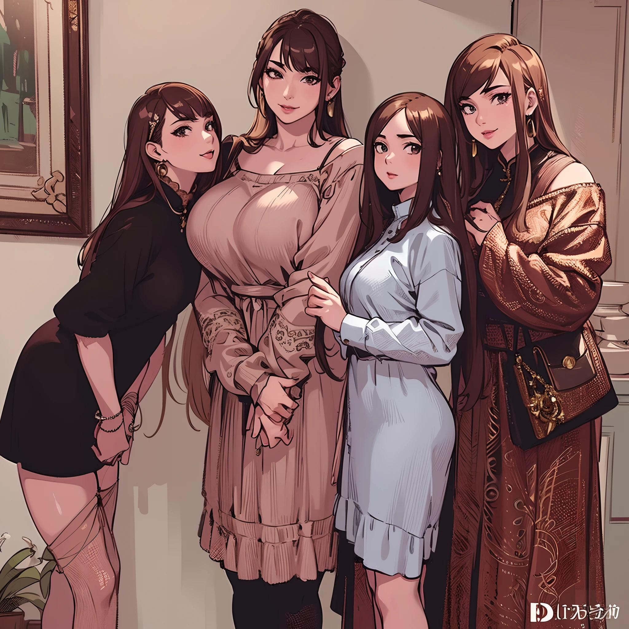 masterpiece,(bestquality),highlydetailed,ultra-detailed, 4girls, artist name, asian, brown hair, dress, earrings, jacket, lips, long hair, looking at viewer, multiple girls, photo (medium), realistic, standing