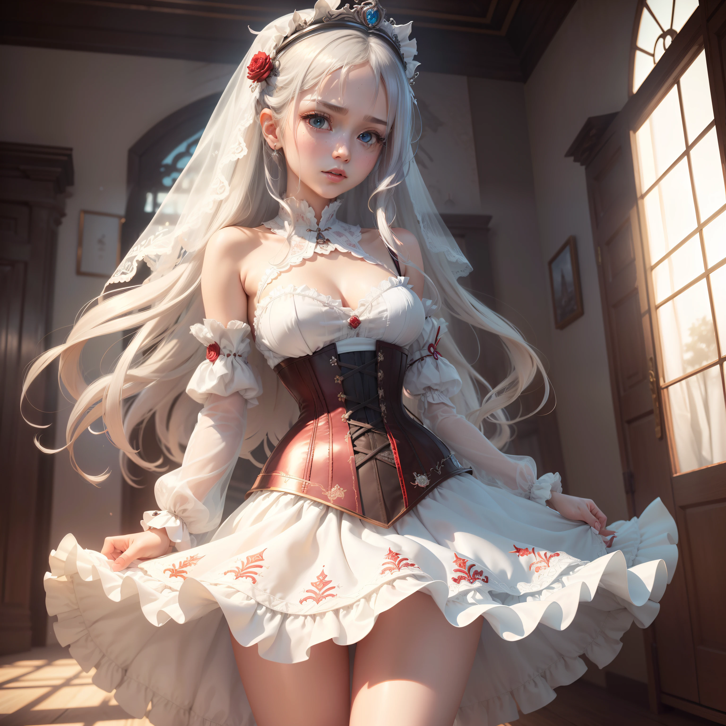 ((the Extremely Detailed CG Unity 8K Wallpapers)), masutepiece, Ultra-detailed, floating, High resolution, Sexually suggestive, (Petite, ridiculously long gray hair, Princess, White Devil Taoism, Blue eyes, (White and red see-through gorgeous mini layered long dress、Long sleeves and intricate embroidery), Bridal Veil, circlet, bridal gauntlets, Blushing, Shy, Ruffle Petticoat, Glamorous corset,Skinny Legs,white panty,