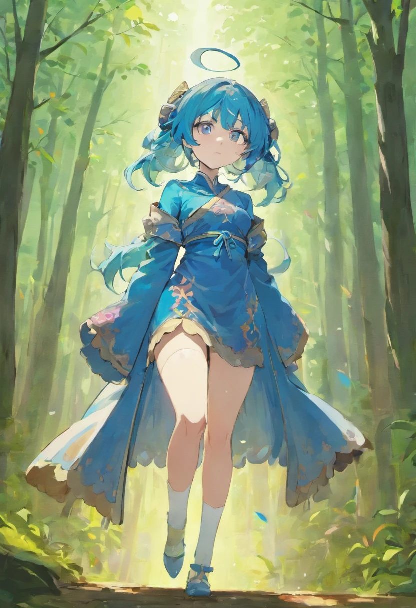 1girl, solo, looking at viewer, Blue long hair, wearing blue mage robe, wearing white stockings, big ass, blue eyes, full body, forest background, normal tits, pink lips, anime, tall, curvy, detailed, best quality, close up, full bodydiokonigsreuter