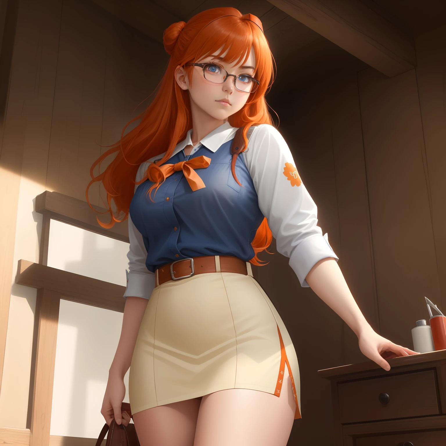 8k, masterpiece, best quality, realistic, higly detailed, cowboy shot, 1girl, solo, itsuki, serious looking girl, medium-length hair, expressive ahoge, reddish-orange hair, a pair of star-shaped hairpins near both of her eyes, dark blue eyes, average height, well-endowed figure, glasses, cute, school uniform, handbag