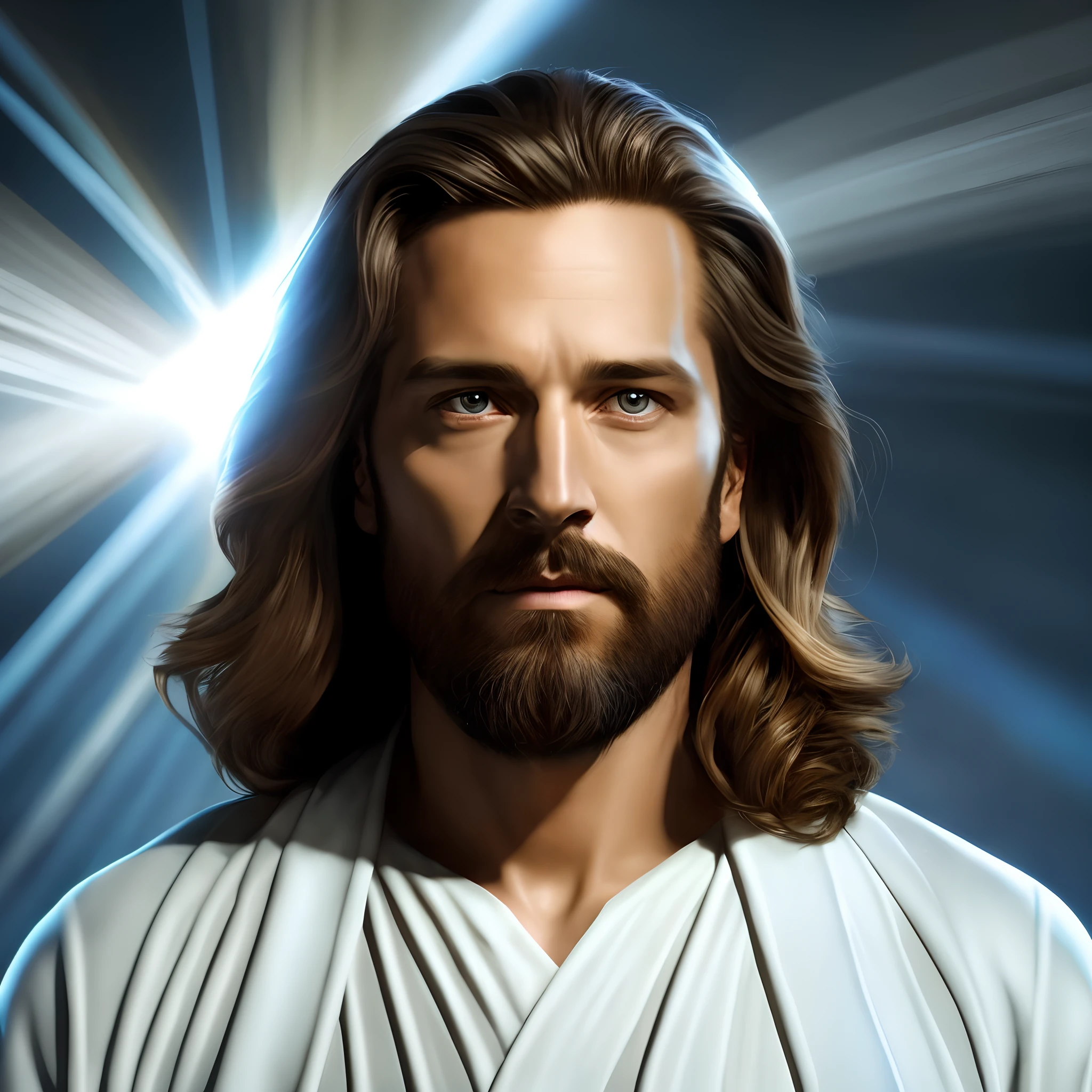 jesus with long hair and beard in front of a bright light, tron legacy jesus christ, tron legacy jesus, jesus christ in mass effect, portrait of jesus christ, jesus christ, greg olsen, jesus face, jesus, jesus of nazareth, jesus christ going super saiyan, he has a glow coming from him, dressed like jesus christ, airbrush digital oil painting