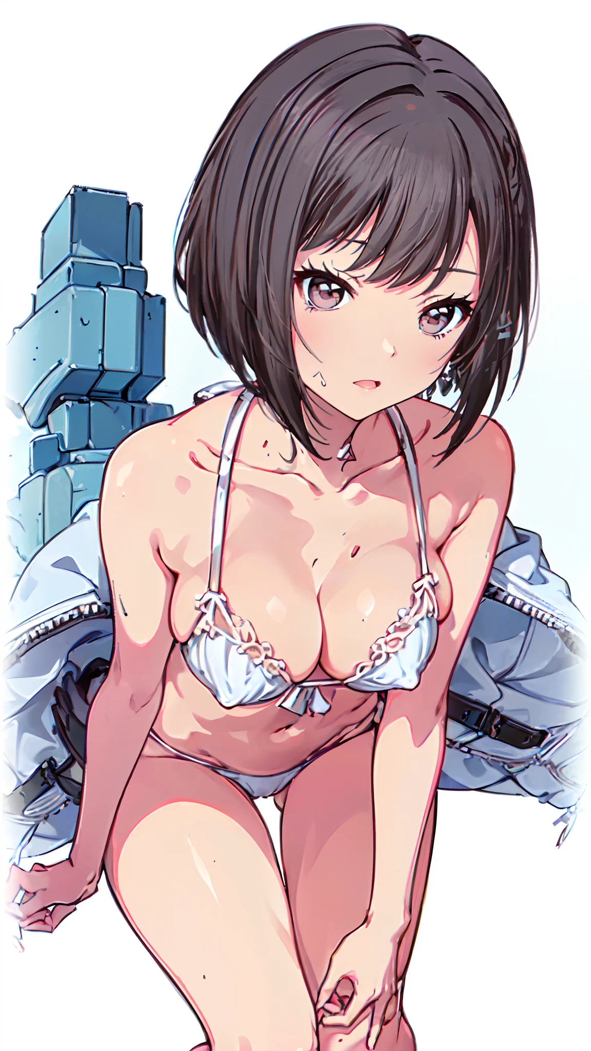((White string bikini Leaning forward)) (Show female genitalia clearly Very detailed down to the smallest detail clear outlines Beautiful face Beautiful skin) thin-waist A slender ribbed skinny limbs teats cleavage of the breast Beautiful breasts a short bob Beautiful fingertips Pink Nails Anime style