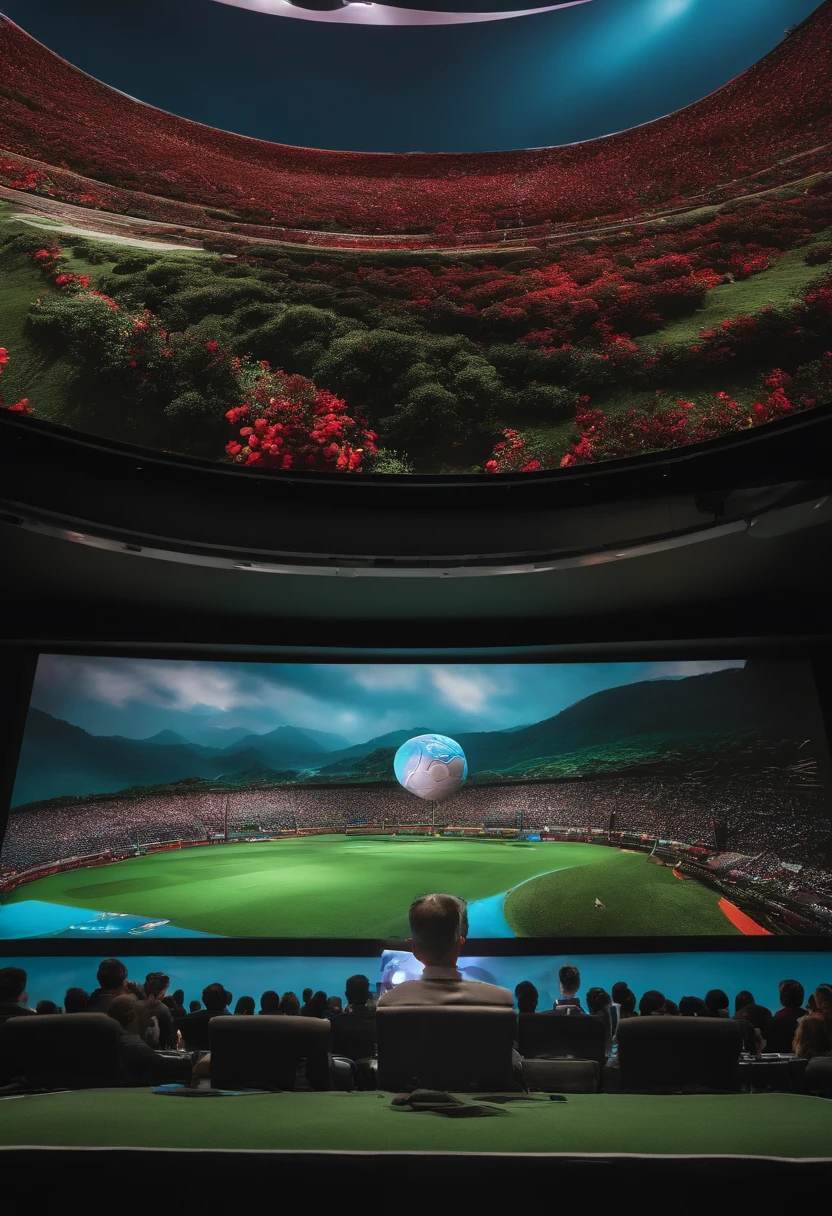 The official launch of "Virtual World", with Li Wei presenting his application at a press conference, with a giant screen in the background showing impressive images of the game. Anaglyph, Estereograma, Tachi-E, Pov, atmosphric perspective, 8k, super detalhe, ccurate, melhor qualidade