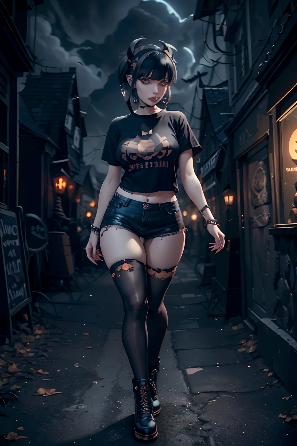 Beautiful goth woman wearing cute pumpkin earrings, cute Halloween T-shirt, black jean skirt with pumpkin patterns, orange and black knee high socks, orange and black shoes, black hair with orange tips, perfect breasts not to big not to small, black lipstick, soft blue eyes, soft pale skin, walking through a dark and stormy creepy town.