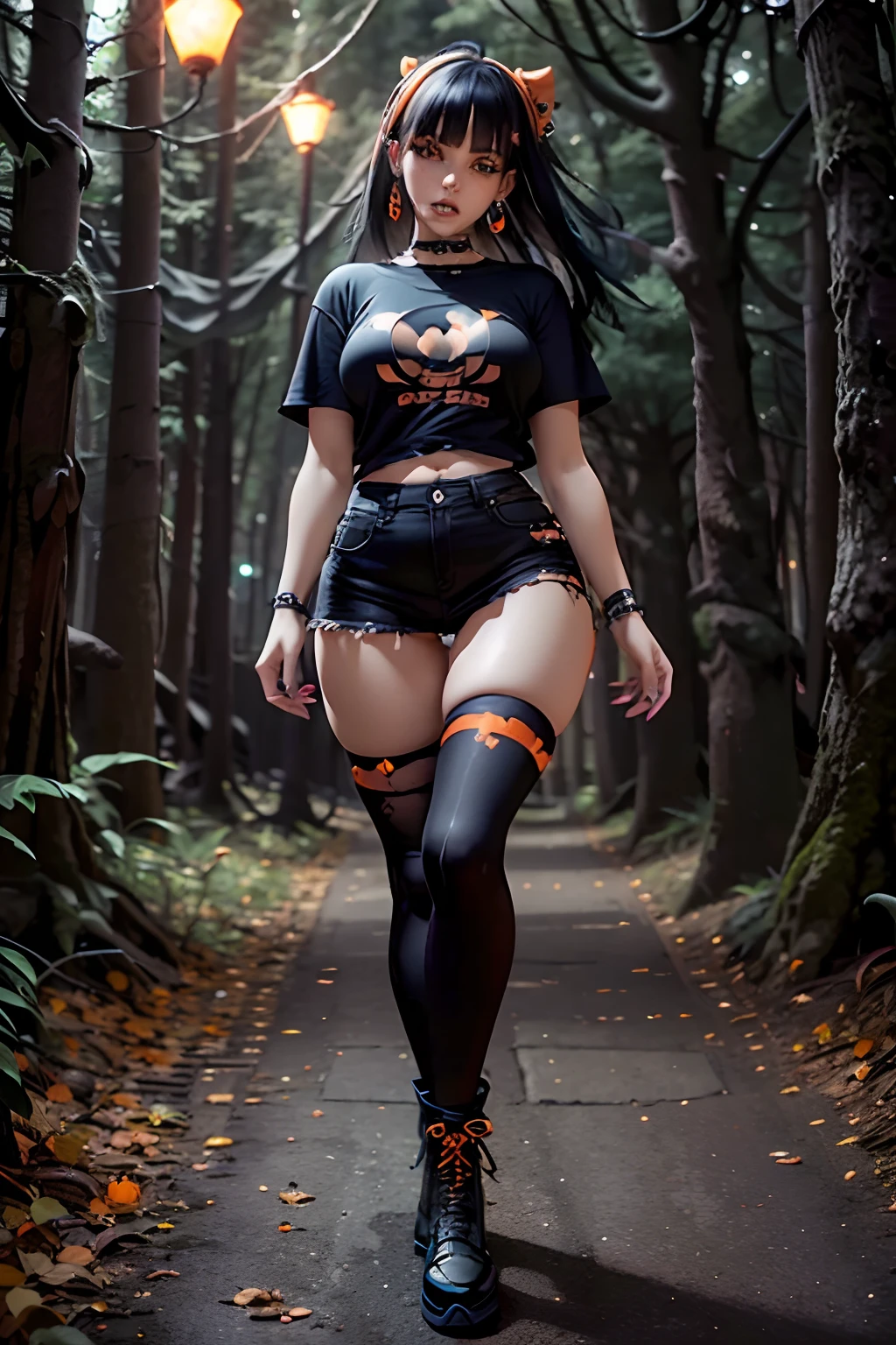 Beautiful goth woman wearing cute pumpkin earrings, cute Halloween T-shirt, black jean skirt with pumpkin patterns, orange and black knee high socks, orange and black shoes, black hair with orange tips, perfect breasts not to big not to small, black lipstick, soft blue eyes, soft pale skin, walking through the suicide forest in Japan at night.