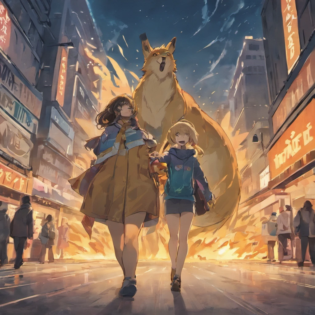 Dinosaurs carry wolves,独奏,nigth,On the street,running down the street,The tail swept over a car,coda,thick tail,Face away from the camera,No Man,streets background,废墟