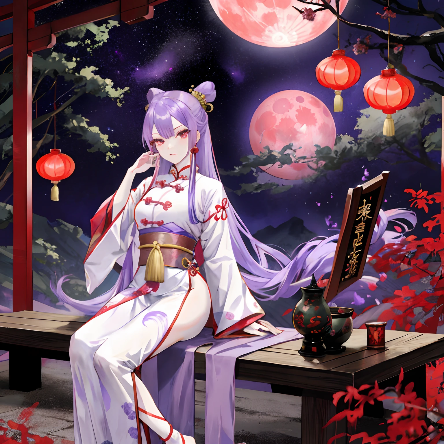 Lavender coloured hair, bright red Eyes, oni, wearing a old Chinese clothes, one hand on the, standing far from the camera, stars in the background with the full red moon, nobody else, long hair. sitting on a thrown, detailed eyes,