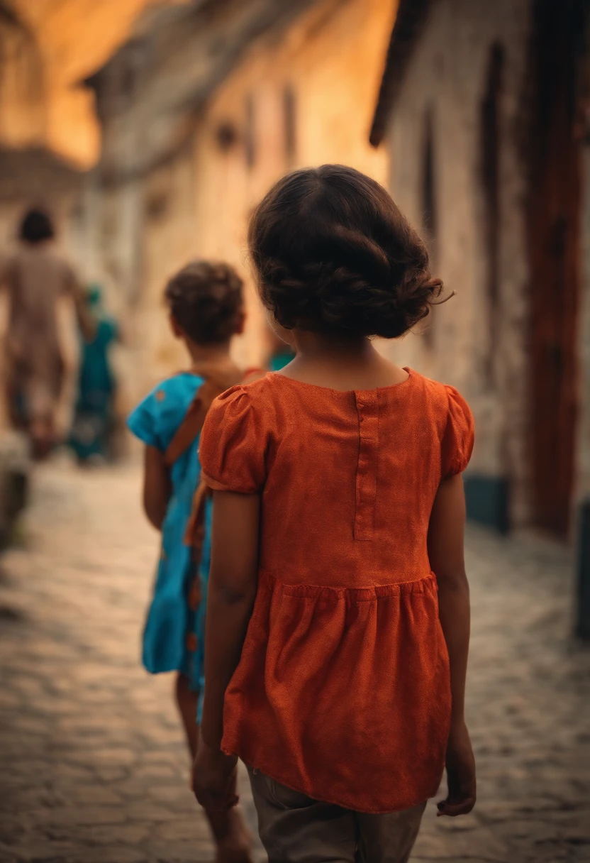 Girl in the middle while 2 boys are walking away from her