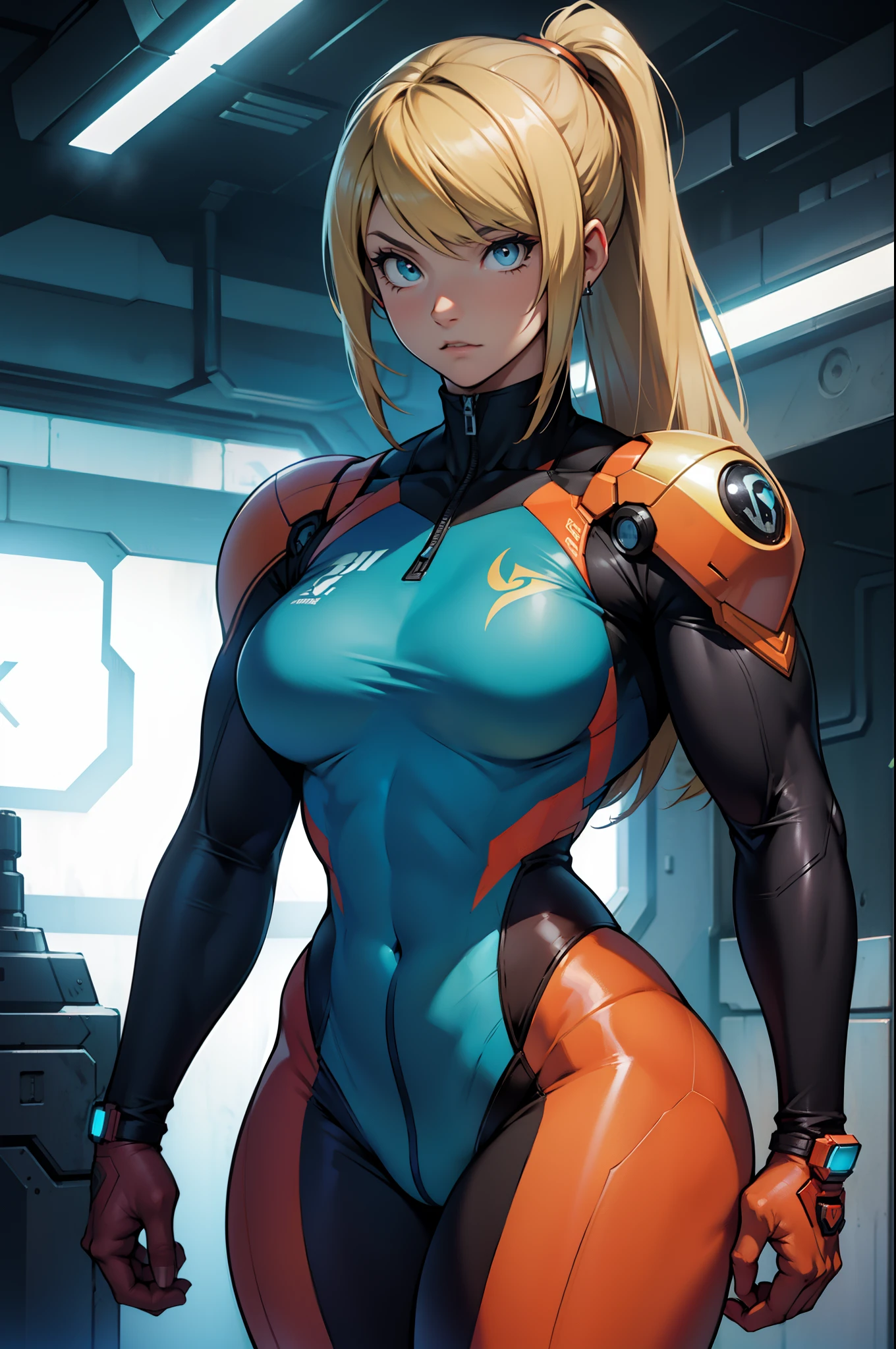 (masterpiece), best quality, expressive eyes, perfect face, (alien spaceship with planet Saturn background), (standing), (smirk), (front view), (1girl, age 18+, Margot Robbie, fair skin, blonde hair, long hair, ponytail hairstyle, blue eyes, hourglass figure, thin body, skinny body, large breasts, huge breasts, oppai, wide hips, thick thighs), (samus aran zero suit, samus aran, zero suit, cameltoe),