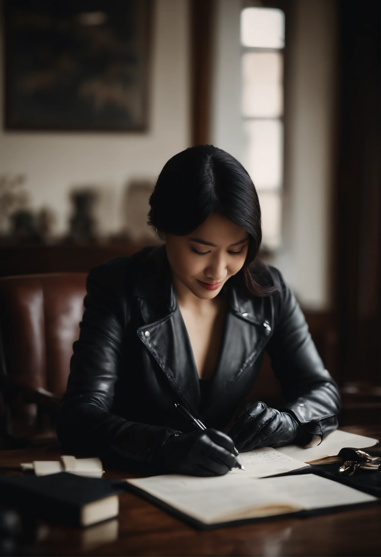 Wearing black leather gloves on both hands, Upper body, Black Leather Rider Jacket, Sitting at a desk in a dark study, Look down and smile, Use a fountain pen to write a letter, Black hair long straight, Young japanese lady (Black leather gloves cover both hands)
