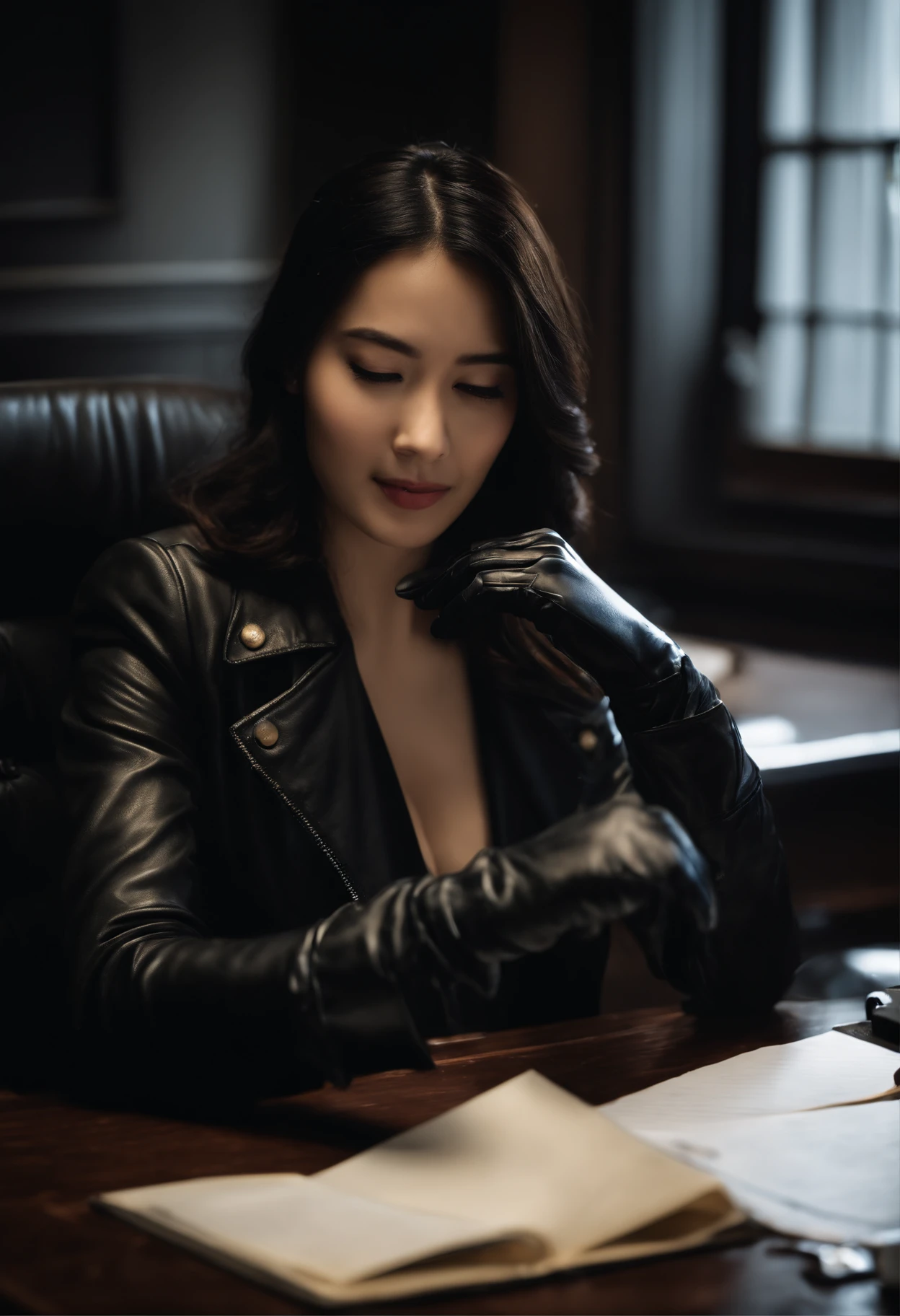 Wearing black leather gloves on both hands, Upper body, Black Leather Rider Jacket, Sitting at a desk in a dark study, Look down and smile, Use a fountain pen to write a letter, Black hair long straight, Young japanese lady (Black leather gloves cover both hands)