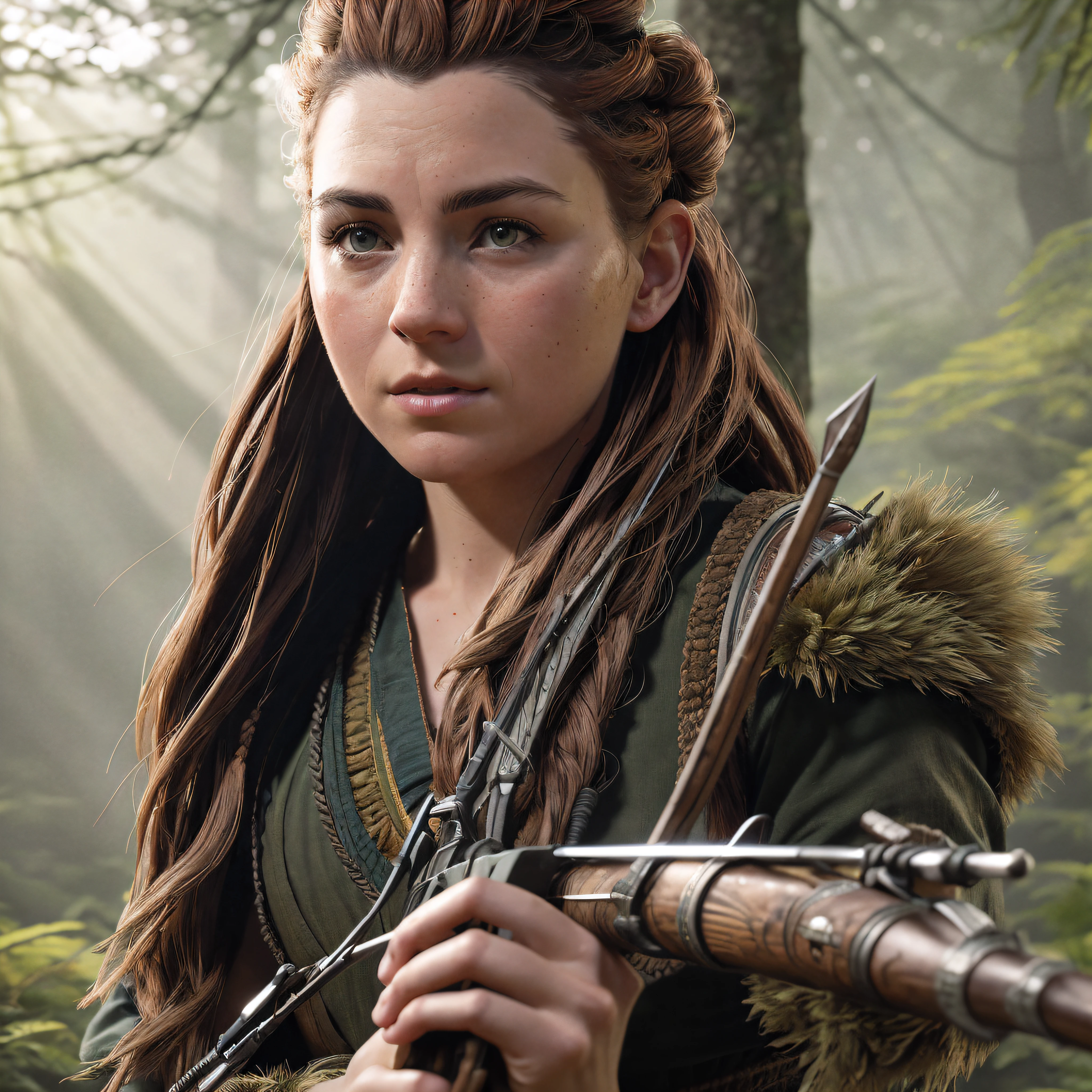 photo of aloy in forest, holding bow, masterpiece, best quality, highest quality, cinematic lighting, (volumetric lighting), extremely detailed CG unity 8k wallpaper, focused, 8k wallpaper, 4k wallpaper, extremely detailed, ultra realistic, photorealistic, sharp focus, HDR, (high contrast), photograph, detailed and intricate, instagram, portrait, highly detailed, sharp focus, illustration, cinematic lighting