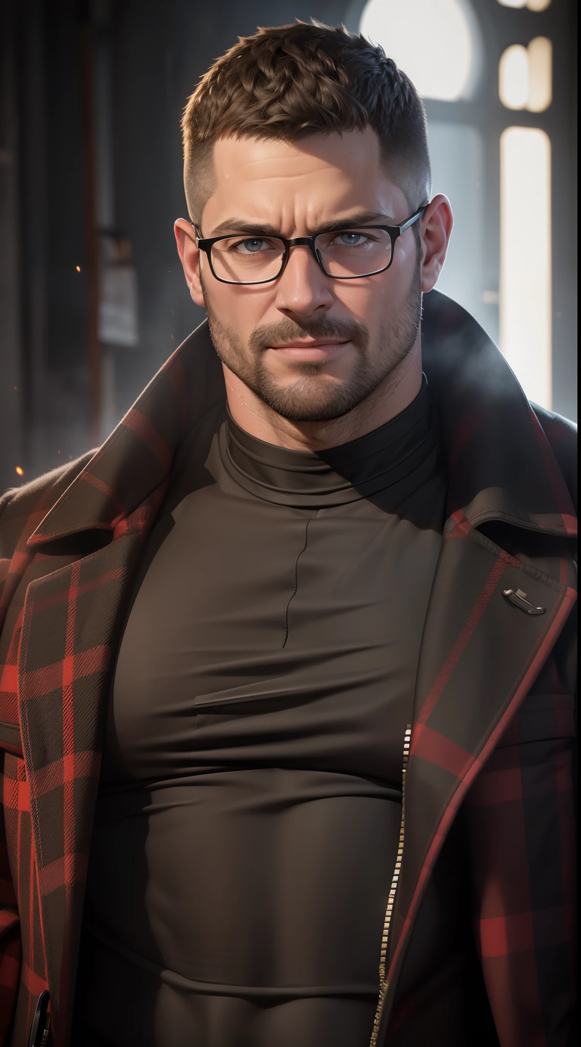 An award-winning original photo,A wild muscular man, (40 years old daddy:1.1), 1boy, Solo, (red plaid coat), (black T-shirt), (black trouser), (big shoulders), musculature, stubbles, Short beard, Beautiful eyes:1.3, ), (Detailed face:1.3), wearing glasses, smiles, Dynamic Angle, volumetric lighting, (Best quality, A high resolution, Photorealistic), Cinematic lighting, Masterpiece, RAW photo, Intricate details, hdr, depth of field, upper body shot