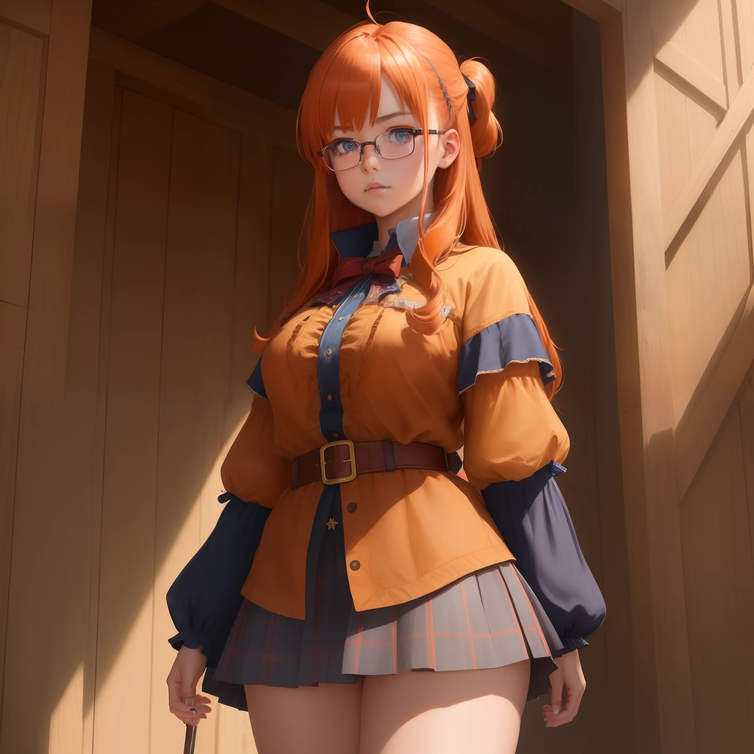 8k, masterpiece, best quality, realistic, higly detailed, cowboy shot, 1girl, solo, itsuki, serious looking girl, medium-length hair, expressive ahoge, reddish-orange hair, a pair of star-shaped hairpins near both of her eyes, dark blue eyes, average height, well-endowed figure, glasses, cute, christmas