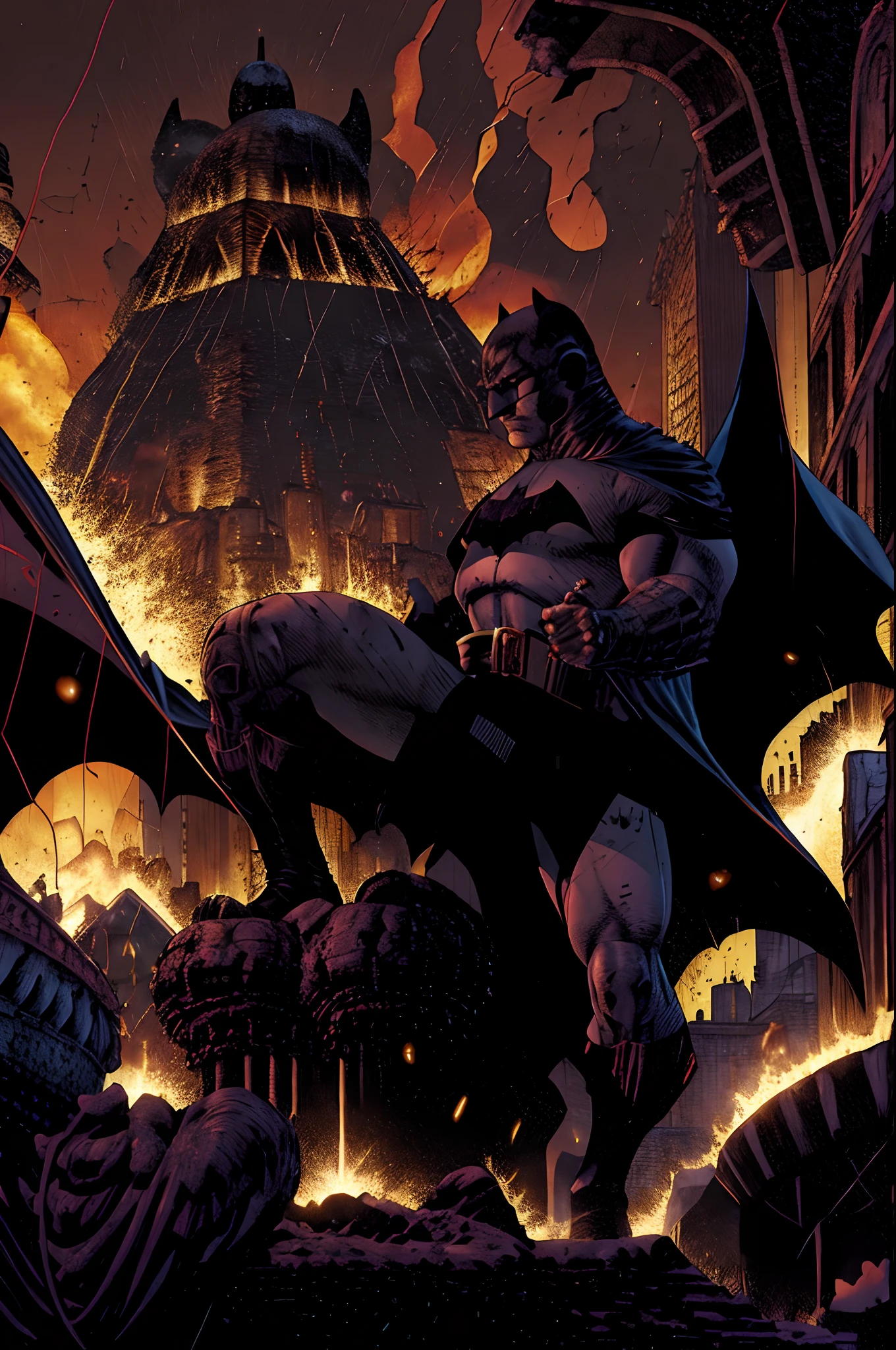 Hitler levanta dos mortos e destroi Gotham city com bombas e raios, ceu azul e estrelado, only one Batman punches hitler and starts the fight... sangue nas ruas e paredes, fig coming out of the ground ds Gotham, lots of volcano lava coming out of the ground