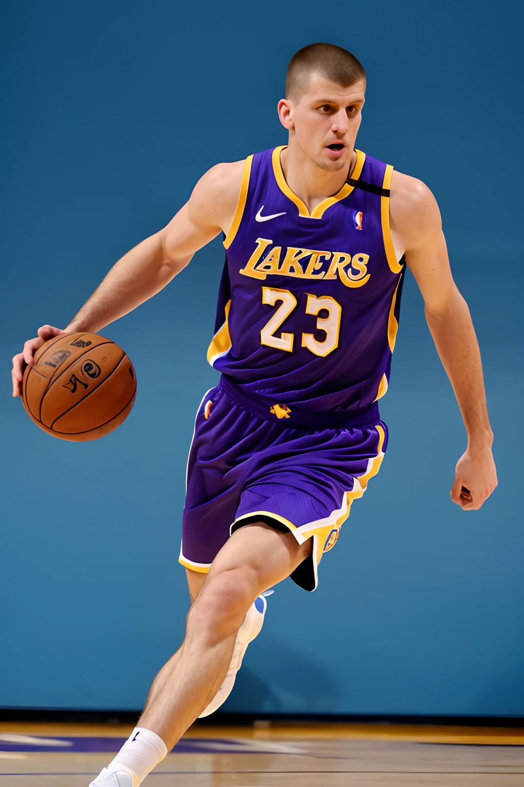 Generate an image of Nikola Jokic, the Serbian basketball player, wearing jersey #23 for the Los Angeles Lakers. He is pictured in action on the basketball court. His impressive stature of approximately 2.13 meters tall is evident, making him stand out compared to other players. His body is athletic and muscular, reflecting his strength and agility. Jokic has dark hair, styled simply, with a partially hidden forehead. His eyes are piercing, showing his concentration on the game. He sports a well-trimmed beard that adds a mature and confident look. Wearing the Lakers' iconic purple and gold jersey, jersey #23 fits his body perfectly, with the name 'Jokic' emblazoned above the number. He wears short shorts of the same color and high-quality basketball shoes on his feet. Jokic is in a confident and determined stance, demonstrating his exceptional basketball skills as he dominates the court with game vision and accurate passing.