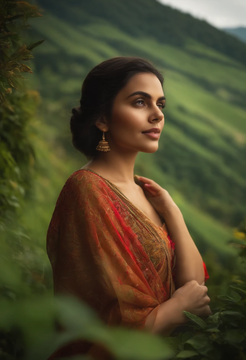 Young woman in a village among verdant hills