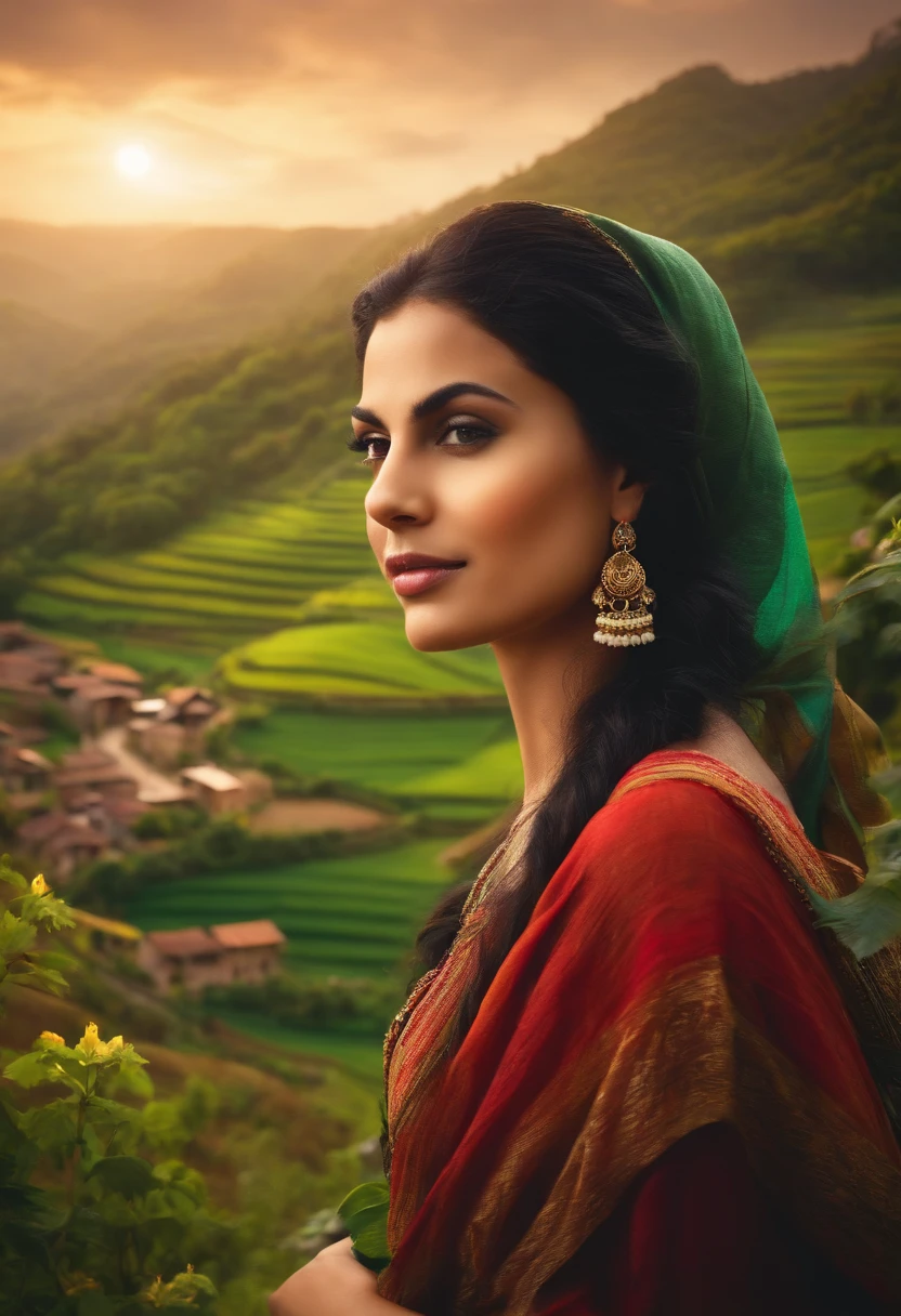 Young woman in a village among verdant hills