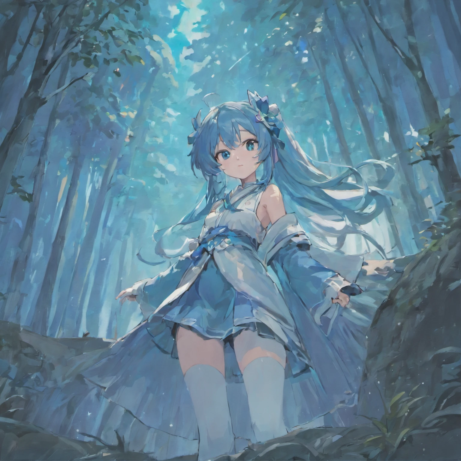 1girl, solo, looking at viewer, Blue long hair, wearing blue mage robe, wearing white stockings, big ass, blue eyes, full body, forest background, normal tits, pink lips, anime, tall, curvy, detailed, best quality, close up, full bodydiokonigsreuter