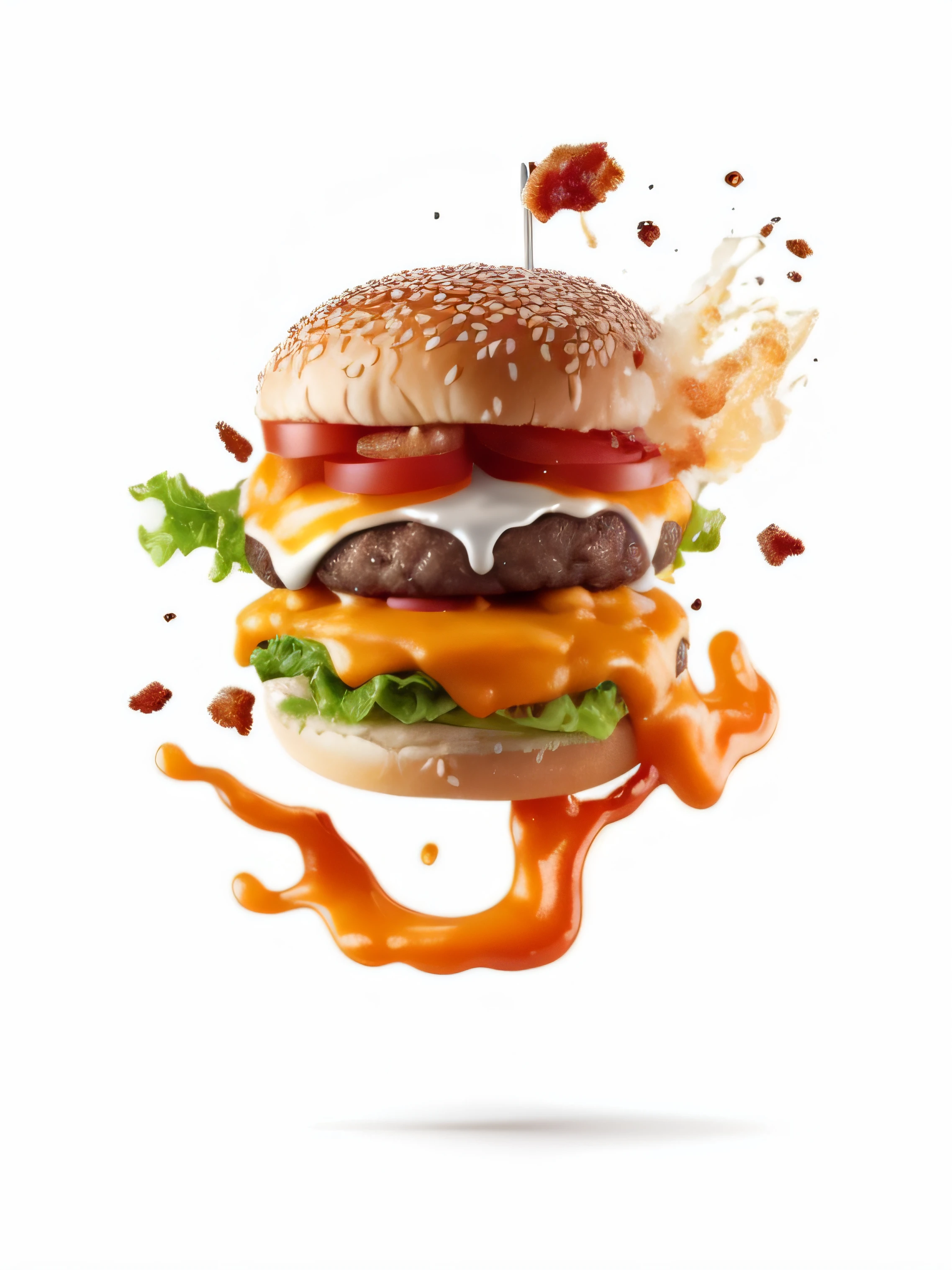 a burger with cheese, tomate, Alface e bacon voando pelo ar, burger with a mouth, imagem de comida super realista, Alimentos comerciais 4K, burger with human mouth, propaganda de alimentos, cheeseburguer, big juicy burger, ketchup derramando, burger, ultra realistic 3d illustration, burger, realistic explosion, muito hiper realista, Delicious burger with sesame seeds, imagem hiperrealista