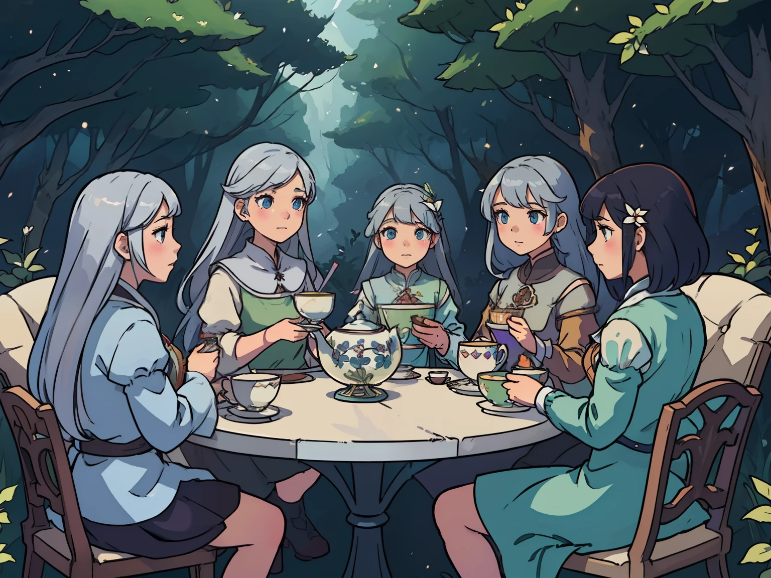 a group of girls sitting around a table with cupcakes, a detailed painting, by Ross Tran, fantasy art, dollfie dream, is ((drinking a cup of tea)), anime like, clones, stunning 3d render of a fairy, an enchanted forest, discord profile picture, silver platter, 2 0 2 0 s promotional art