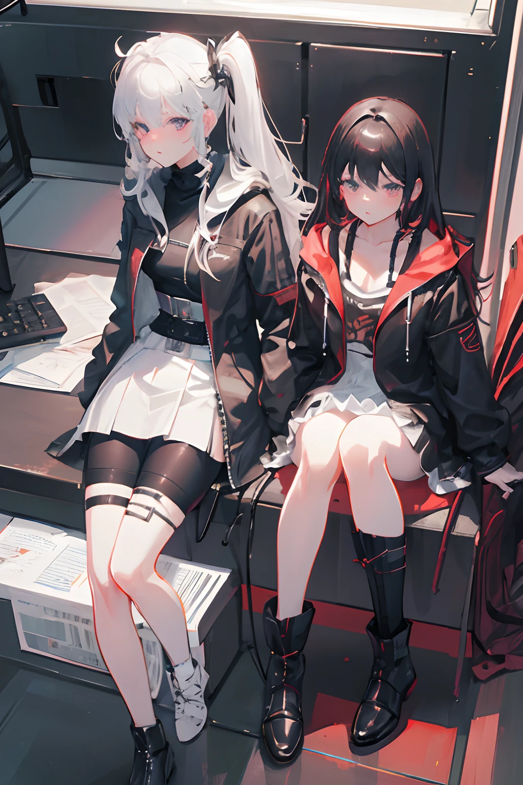 Wallpaper, Black Desert Online, Battle, Guns, Female, Friends, rs in School Uniform, Small Chest, Full Body, Jacket in random Color, Tighs, Black Boots, Fishnets