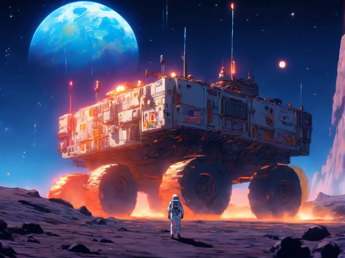 (a)lunar rover,(warm light:1.1,soft warm lighting),(sci-fi,concept artists),(Miyazaki Hayao:1.1),
(crisp details),(vivid colors),(sci-fi landscapes:1.1),(detailed textures),(moon's surface),(small crater),(rock formations),(distant stars),(light shadows:1.1),
(the rover exploring),(peaceful atmosphere),(sense of wonder),(quietness),(futuristic vehicle),(high-tech equipment),(astronaut suit),(dust particles),(lunar soil:1.1),
(earth in the background),(beautiful earthrise),(space exploration),(scientific expedition),(Miyazaki's touch),(majestic scenery),(otherworldly landscape)