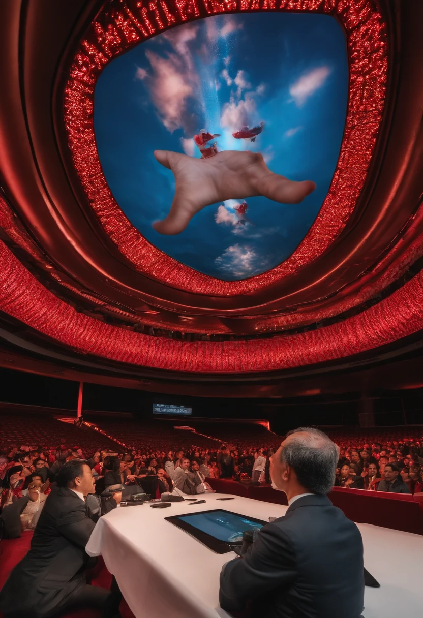 The official launch of "Virtual World", with Li Wei presenting his application at a press conference, with a giant screen in the background showing impressive images of the game. Anaglyph, Estereograma, Tachi-E, Pov, atmosphric perspective, 8k, super detalhe, ccurate, melhor qualidade