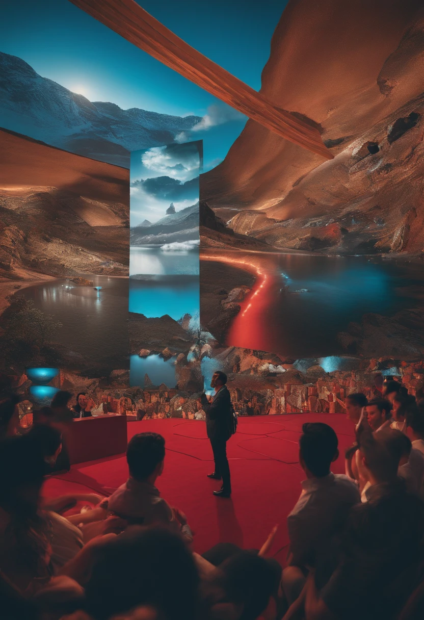 The official launch of "Virtual World", with Li Wei presenting his application at a press conference, with a giant screen in the background showing impressive images of the game. Anaglyph, Estereograma, Tachi-E, Pov, atmosphric perspective, 8k, super detalhe, ccurate, melhor qualidade