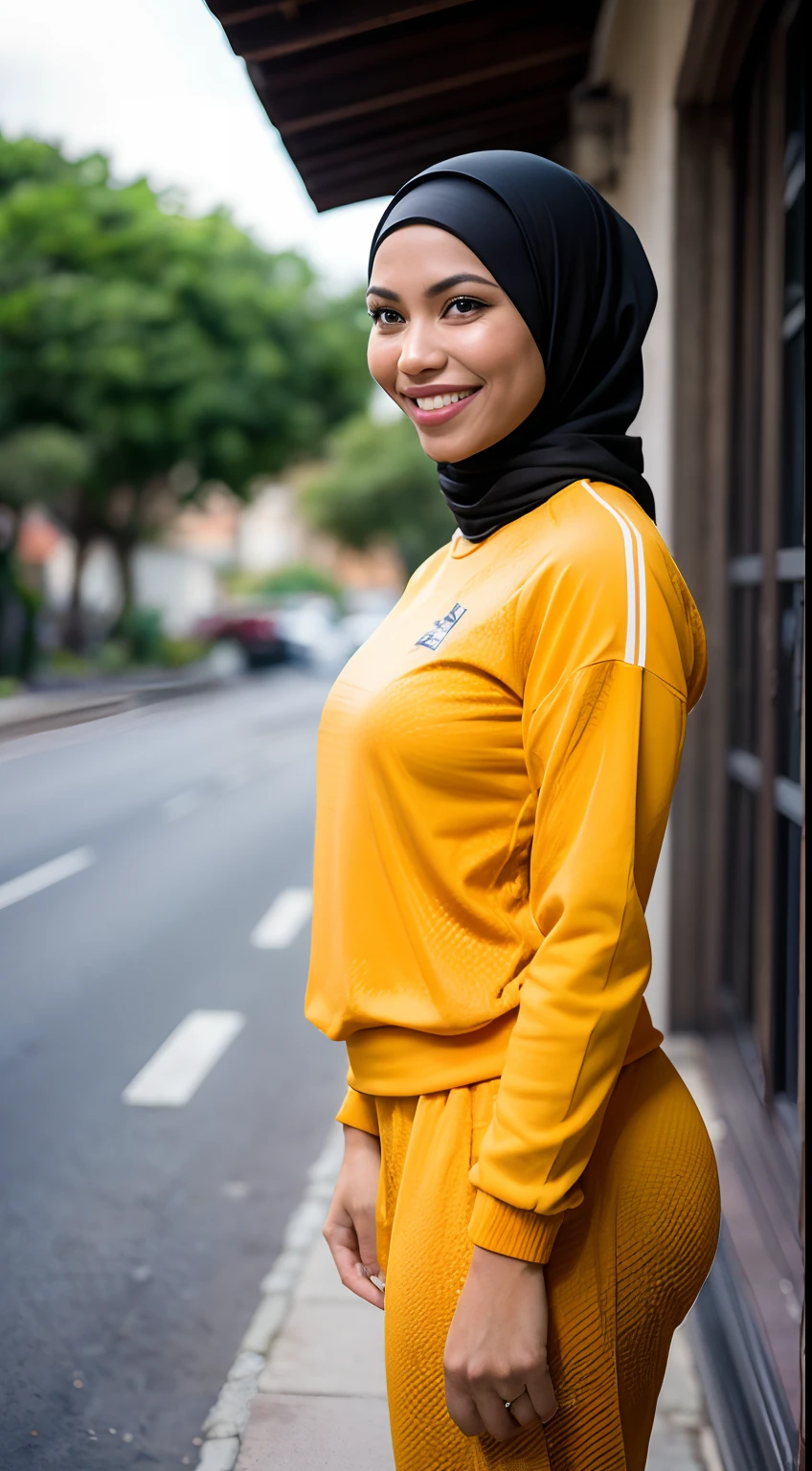 1 malay woman in hijab,((wear tracksuit )),(Small buttocks),Emphasize ass,Smaller chest, laughing smile, (hijab flying), de pele branca,big breasts thin waist, mexico-style street, Hyper-Realism, Cinematic lighting, depth of fields, From below, vanishing point, F/2.8, Anatomically correct, Textured skin, Super Detail, awardwinning, Best Quality, hight resolution,
