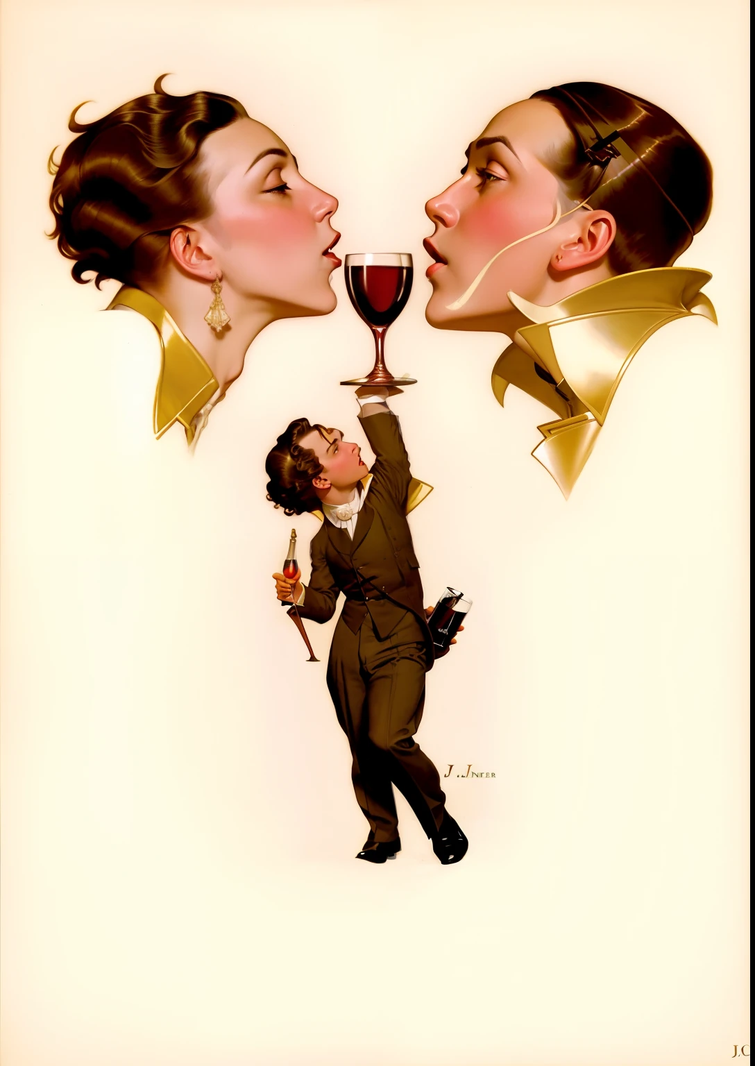 There is a painting of a man and a woman kissing and drinking wine, Inspirado por Joseph Christian Leyendecker, Estilo Leyendecker, Leyendecker, Joseph Leyendecker, inspirado em J. C. Leyendecker, inspirado em J.C. Leyendecker, j.C Leyendecker, j. C Leyendecker, JC Leyendecker