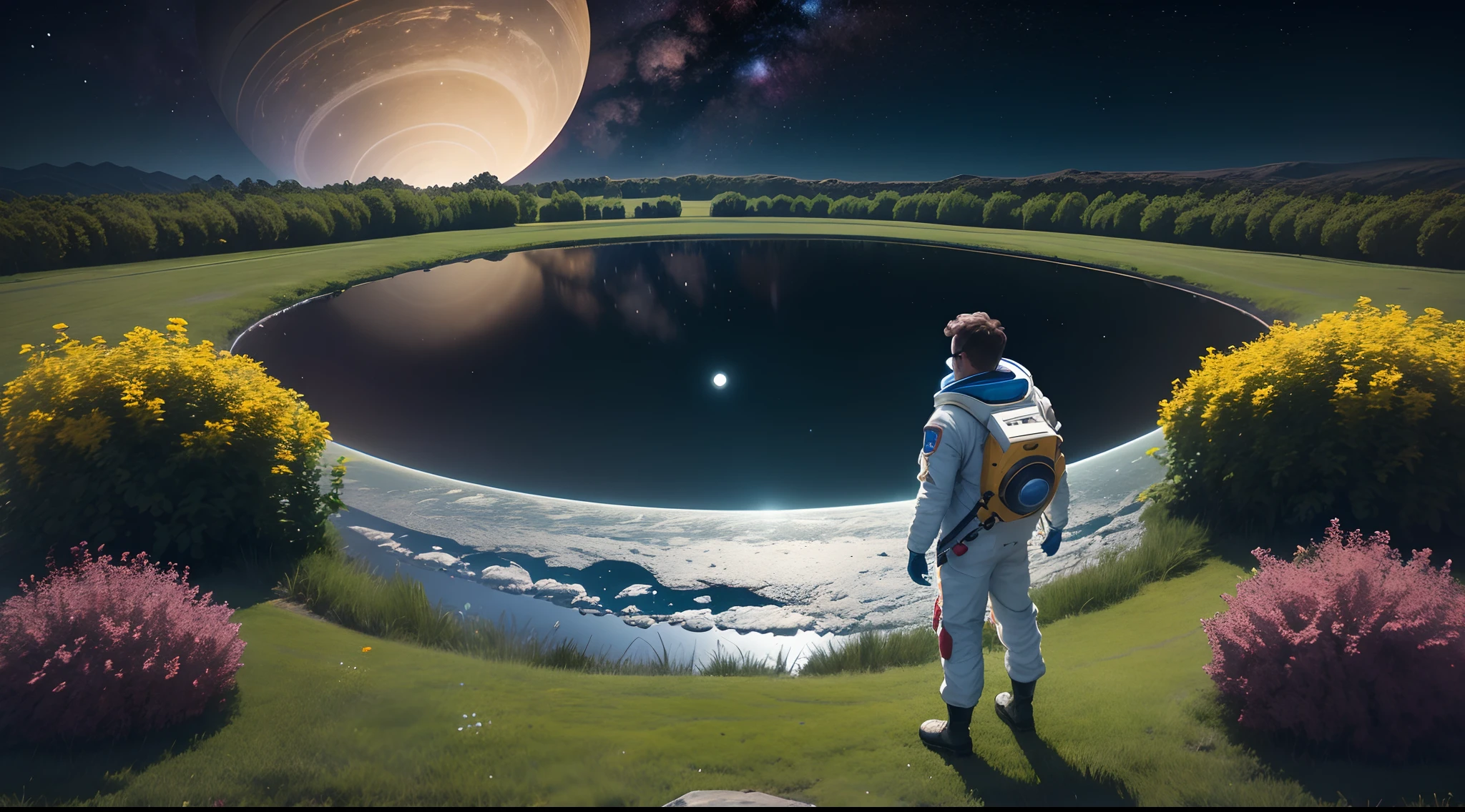 A man in a spacesuit standing on a lawn by a lake looking at the rings of the planet Saturn,3D faz bipe, noite de ceu estrelado nebulosas de galaxias, fantasia. .