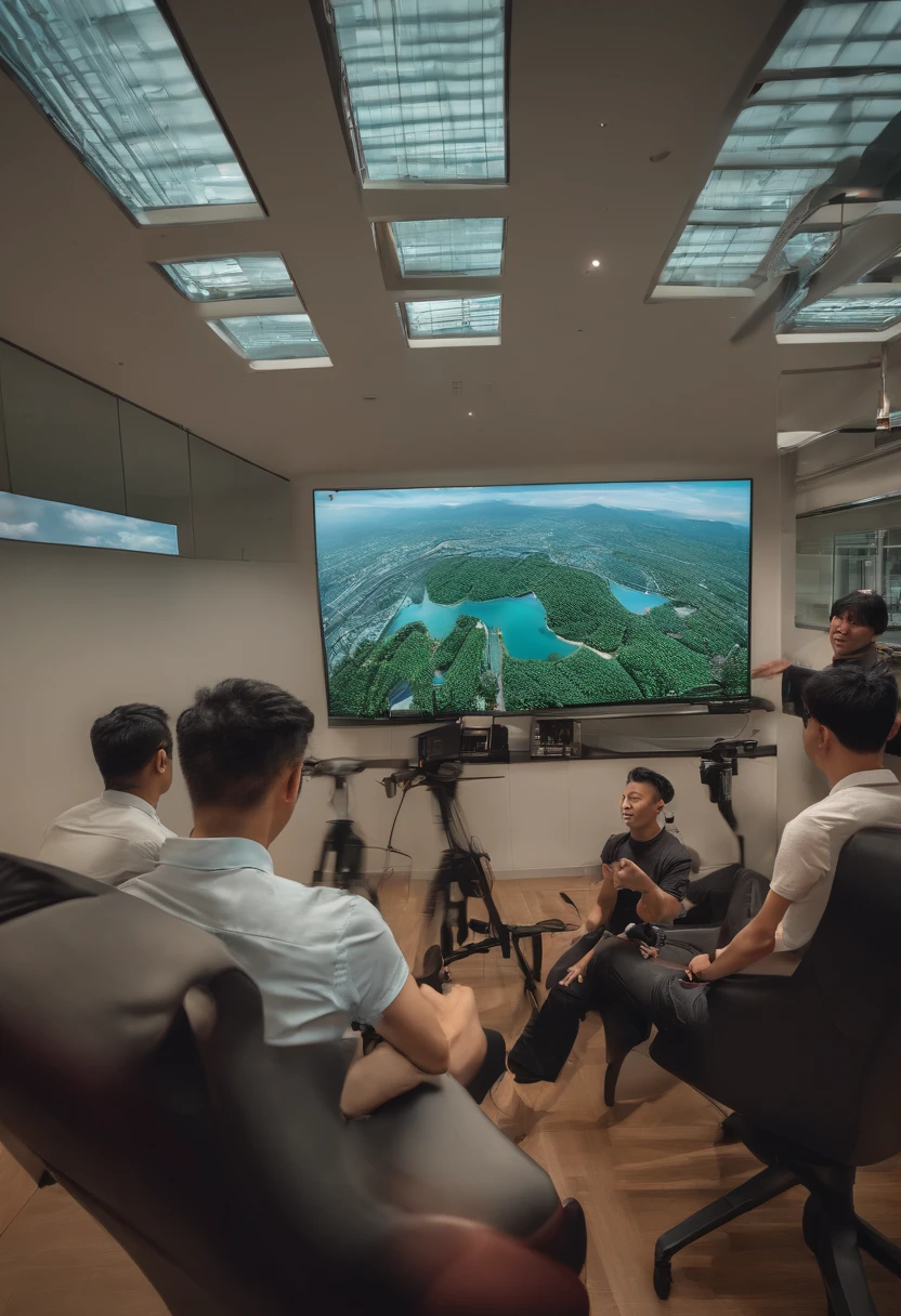 Li Wei at his new company headquarters in Shanghai, with a dedicated team working alongside him, all focused on the continuous development and improvement of the Virtual World. Anaglyph, Estereograma, Tachi-E, Pov, atmosphric perspective, 8k, super detalhe, ccurate, melhor qualidade