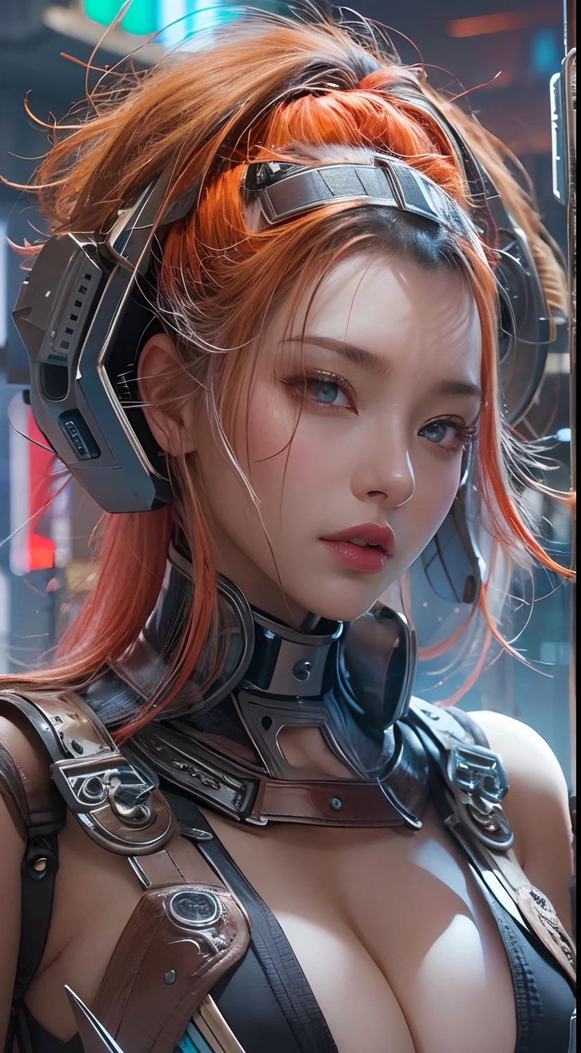 masterpiece, 1 beautiful girl, Detailed eye, Swollen eyes, top-quality, 超A high resolution, (reality: 1.4), 电影灯光, very extremely beautiful, Beautiful skins, A slender, Forward-facing body, (A hyper-realistic), (hight resolution), (8K), (ighly detailed), ( Best Illustration), (beautifully detailed eyes), (ultra-detailliert), 详细的脸, Bright lighting, Professional Lighting、the most beautiful and sexy cyberpunk girl, rainbow colored hair, orange eyes, dark african skin, wearing incredibly detailed futuristic cyberpunk battle armor, huge enormously gigantic tits, cleavage showing, tons of tattoos and piercings, in hyper futuristic city metropolis, cherry blossoms blowing in the wind, cinematic, incredibly perfect masterpiece, high quality, high resolution