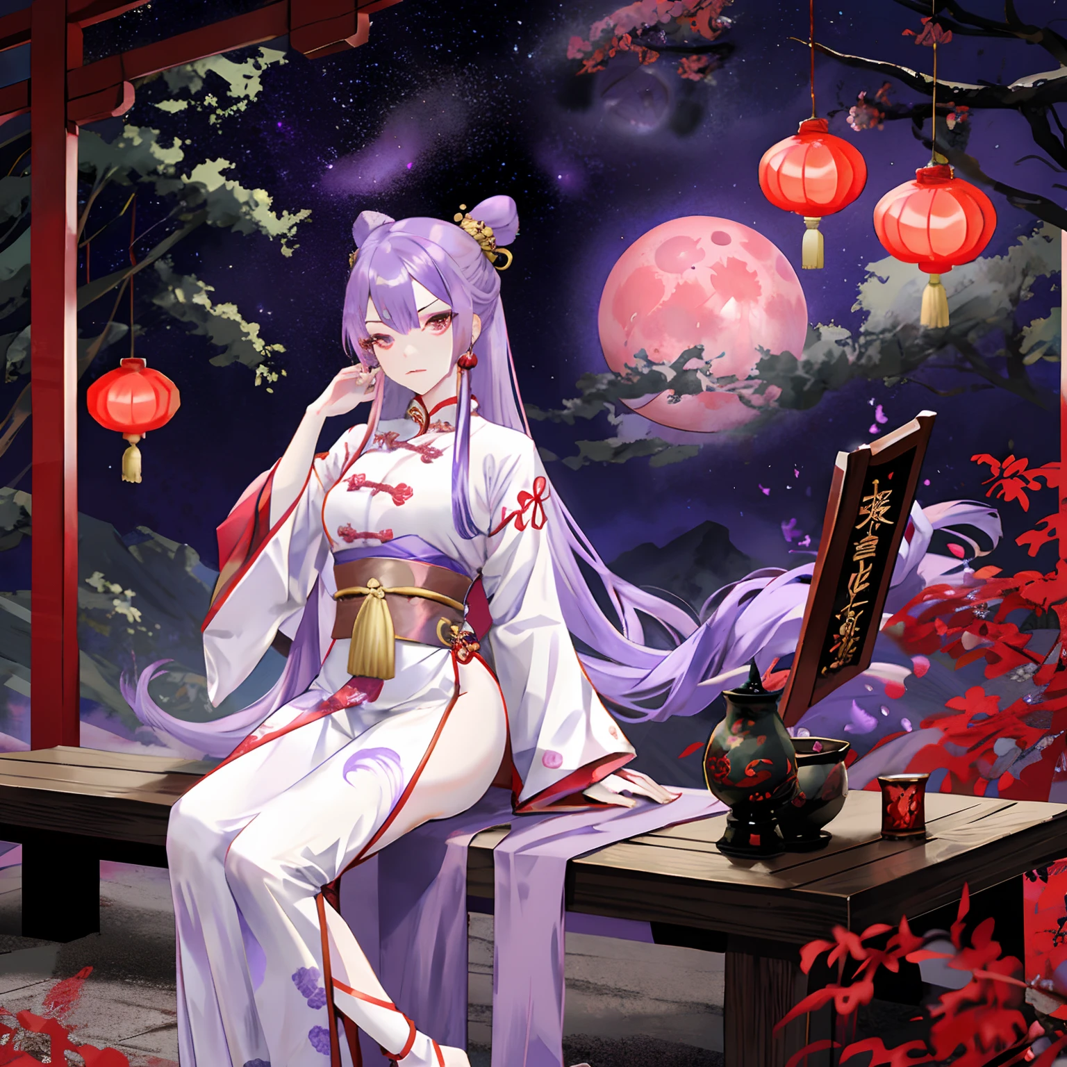 Lavender coloured hair, bright red Eyes, oni, wearing a old Chinese clothes, one hand on the, standing far from the camera, stars in the background with the full red moon, nobody else, long hair. sitting on a thrown,