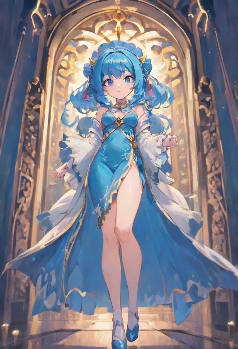 1girl, solo, looking at viewer, Blue long hair, wearing blue mage robe, wearing white stockings, big ass, blue eyes, full body, normal tits, pink lips, anime, tall, curvy, detailed, best quality, close up, full bodydiokonigsreuter