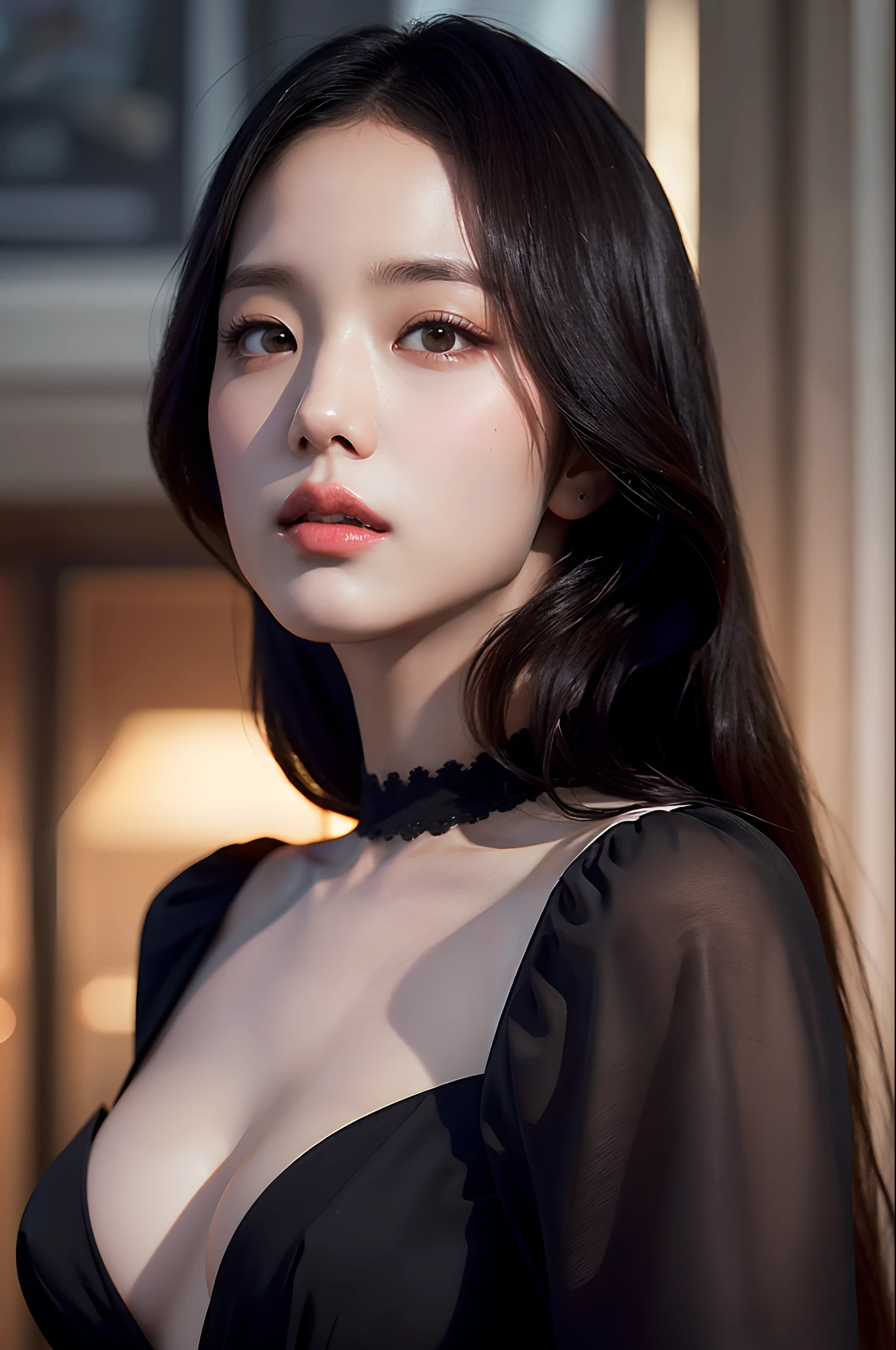 Best Quality, Masterpiece, The ultra-Highres, (Photorealistic:1.4), realisitic, Detailed skins, 1Girl, Long hair, looking up at viewer, Black dress