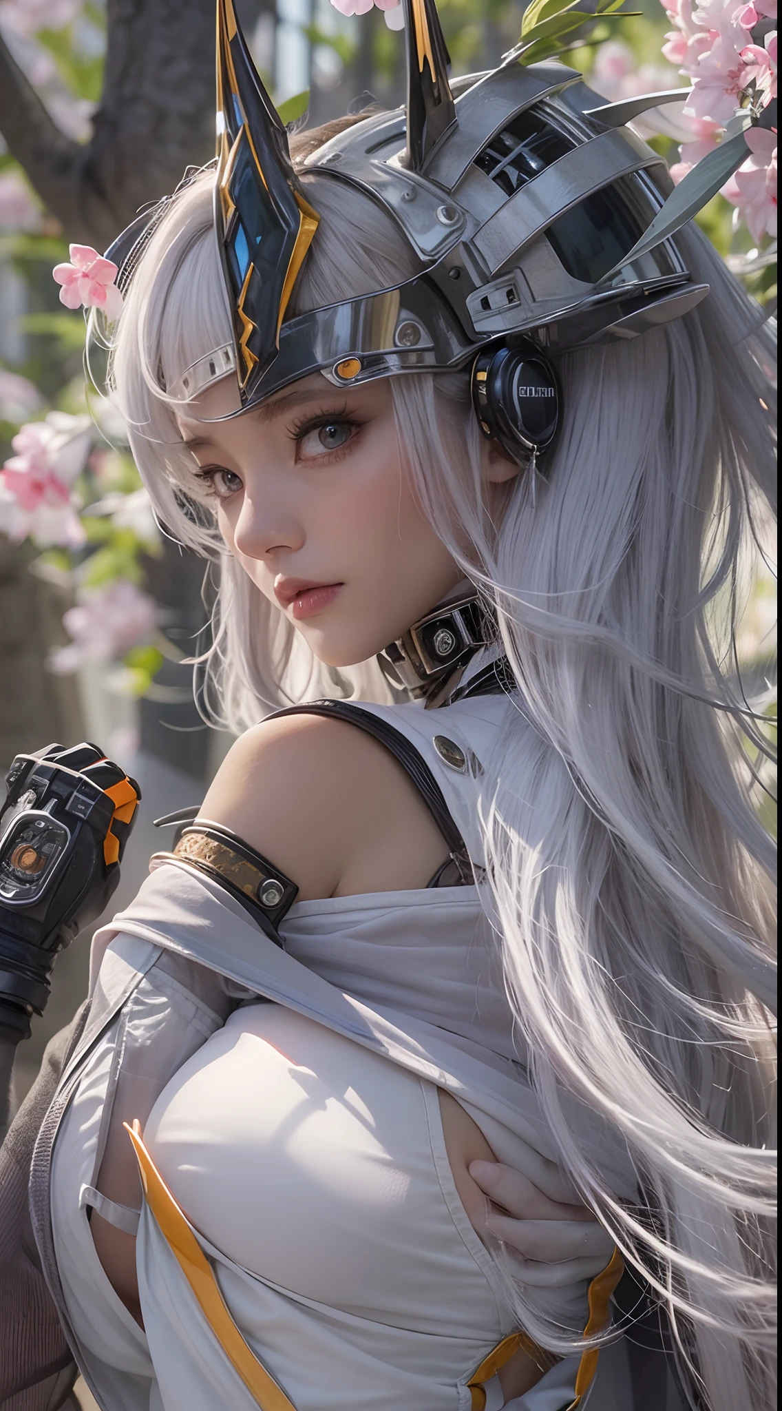 masterpiece, 1 beautiful girl, Detailed eye, Swollen eyes, top-quality, 超A high resolution, (reality: 1.4), 电影灯光, very extremely beautiful, Beautiful skins, A slender, Forward-facing body, (A hyper-realistic), (hight resolution), (8K), (ighly detailed), ( Best Illustration), (beautifully detailed eyes), (ultra-detailliert), 详细的脸, Bright lighting, Professional Lighting、the most beautiful and sexy cyberpunk girl, rainbow colored hair, orange eyes, dark african skin, wearing incredibly detailed futuristic cyberpunk battle armor, huge enormously gigantic tits, cleavage showing, tons of tattoos and piercings, in hyper futuristic city metropolis, cherry blossoms blowing in the wind, cinematic, incredibly perfect masterpiece, high quality, high resolution