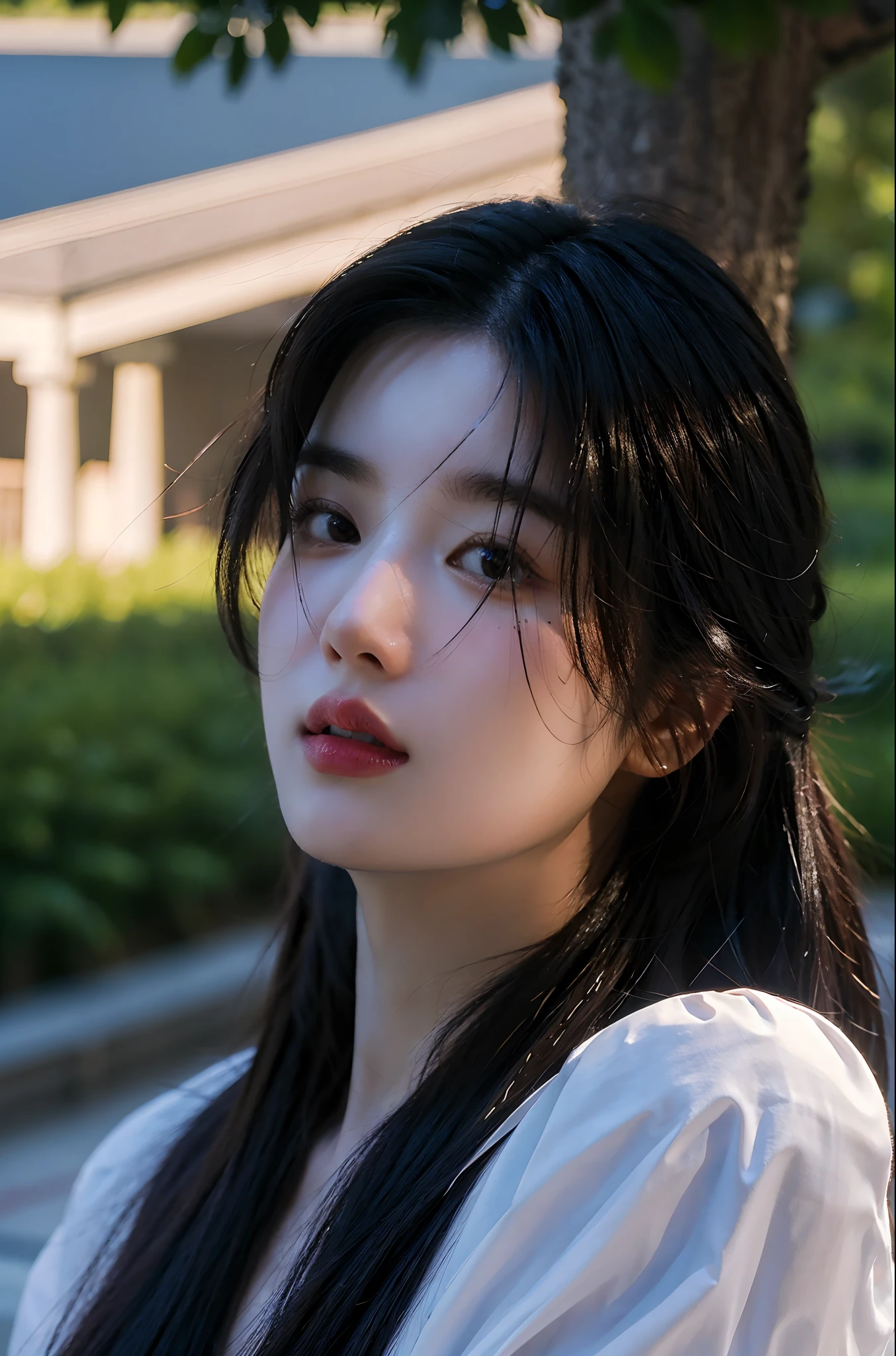 Best Quality, Masterpiece, The ultra-Highres, (Photorealistic:1.4), Raw foto, 1Girl, Long hair, plein air, closeup shot, looking up at viewer