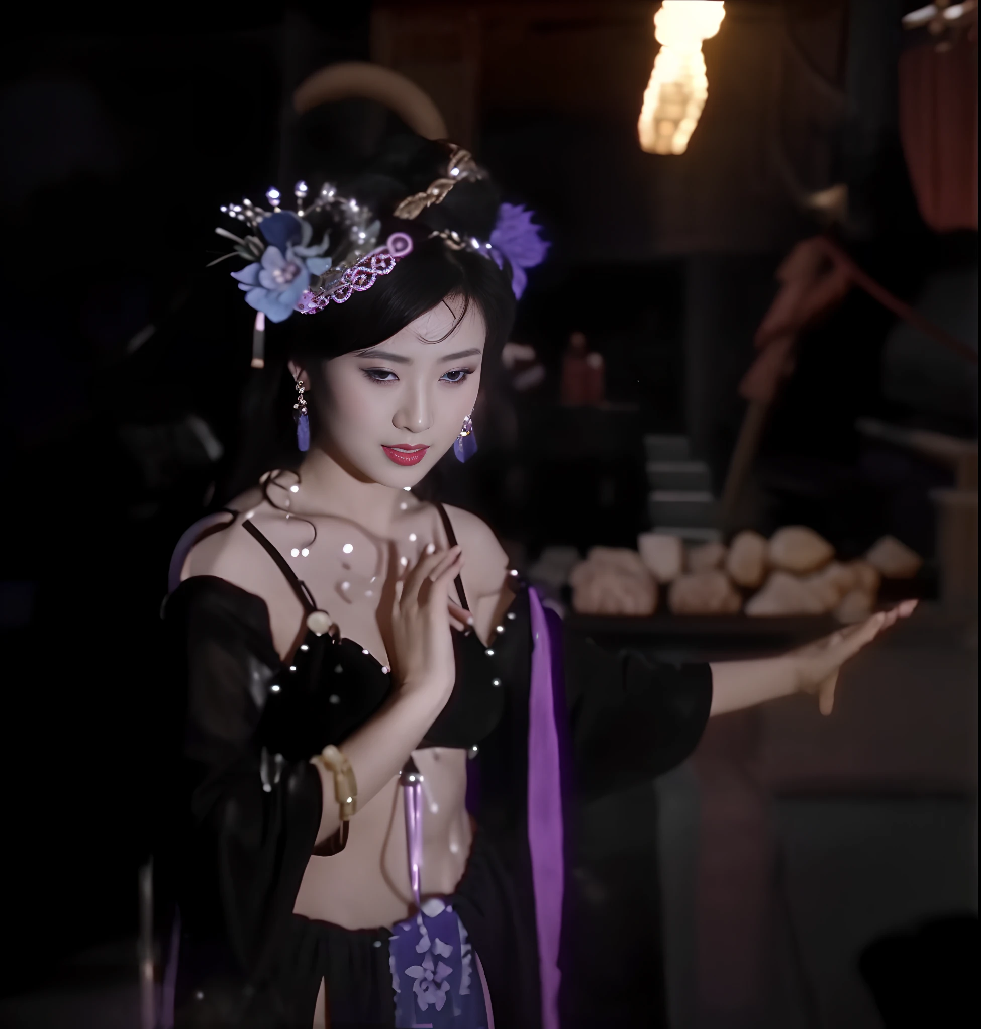 There is a witch succubus in a belly dancing bikini costume,heavy makeups,Extra-long nails on both hands,Enchanting and sexy,seducing people,The eye glanced to the left,cannibalism,vicious, Lewd expression,ssmile,Black bra bikini belly dance costume,There is a purple streamer under the bra,There are pendant decorations under the bikini,cropped shoulders,open waist,Bare neck,Eyes seductive,climaxing,Big chest,The right hand is in front of the chest,Right-handed Buddhist gesture,There is hooked hair on the right cheek,Both hands have yellow bracelets on their wrists,With beaded video and purple band,scene from kagemusha, submerged temple dance scene, fantasy movie still, japanese horror movie footage, 1080p, movie screencap, Underworld dancer, goth people dancing, movie screen shot