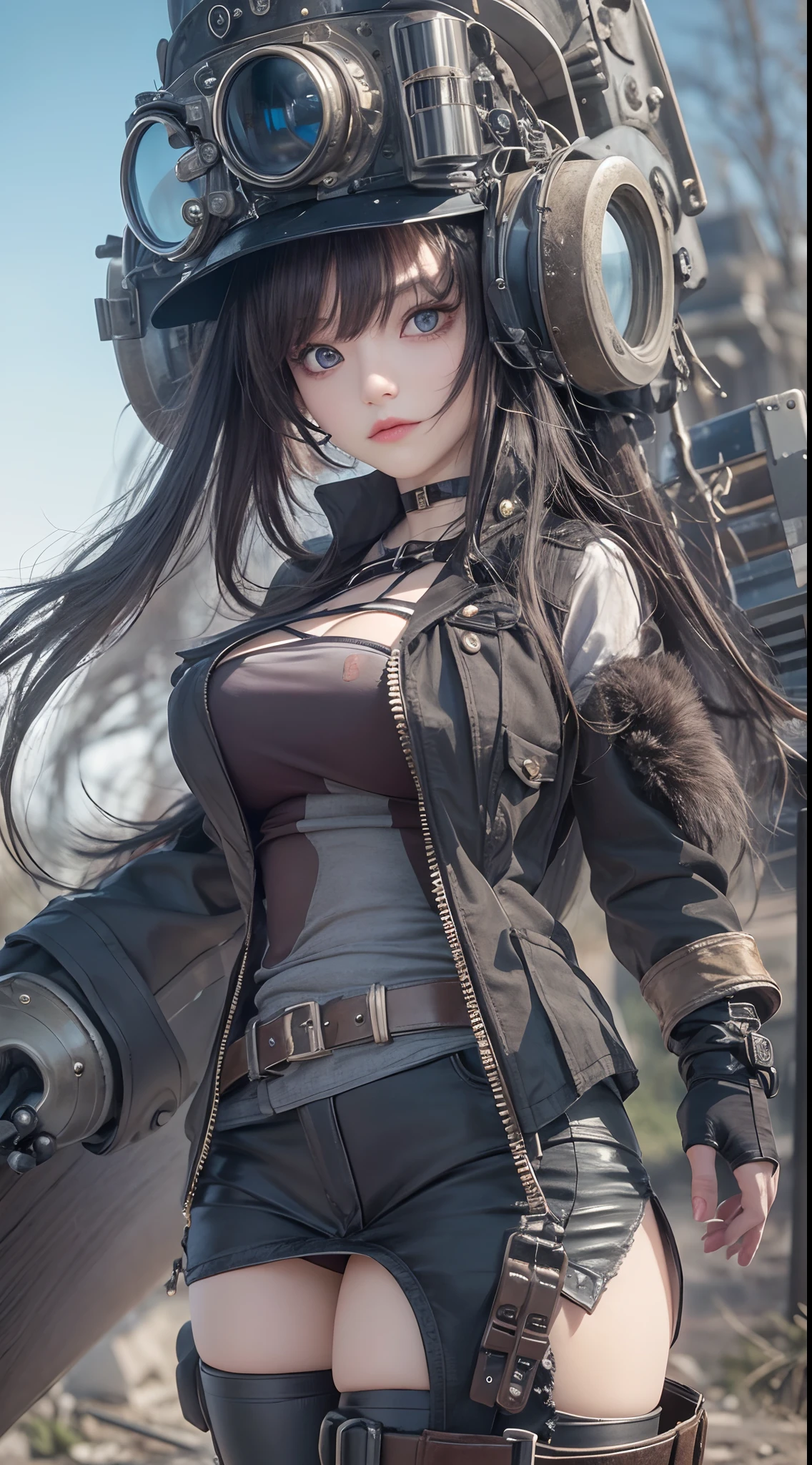 masterpiece, 1 beautiful girl, Detailed eye, Swollen eyes, top-quality, 超A high resolution, (reality: 1.4), 电影灯光, very extremely beautiful, Beautiful skins, A slender, Forward-facing body, (A hyper-realistic), (hight resolution), (8K), (ighly detailed), ( Best Illustration), (beautifully detailed eyes), (ultra-detailliert), 详细的脸, Bright lighting, Professional Lighting、the most beautiful and sexy steampunk girl, black hair, purple eyes, wearing incredibly detailed post apocalyptic steampunk tactical gear and goggles, huge enormously gigantic tits, cleavage showing, tons of tattoos and piercings, in post apocalyptic wasteland, incredibly detailed background, metal fragments blowing in the wind, incredibly cinematic, incredibly perfect masterpiece, high quality, high resolution